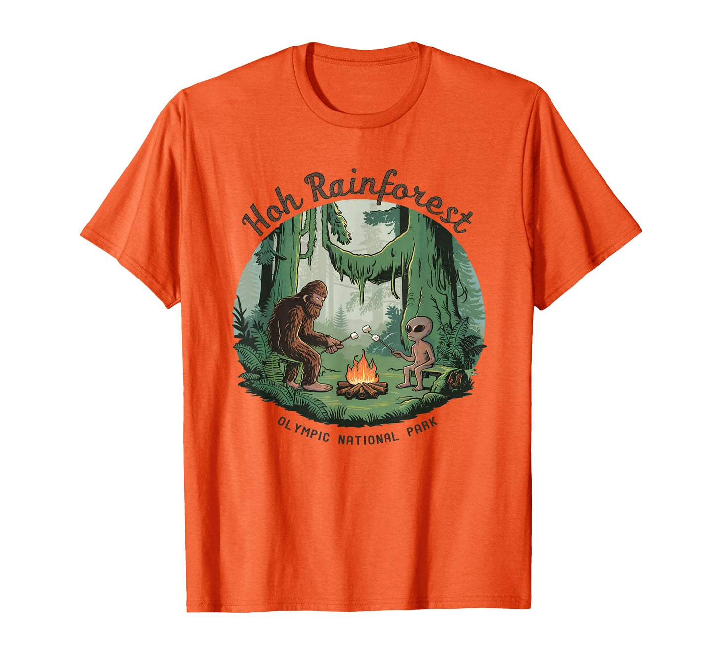 Funny Bigfoot & Alien Gifts And Shirts Bigfoot & Alien Camping Hoh Rainforest Olympic National Park Unisex-Adults Kids T-Shirt White Short Sleeve Classic Fit Cotton Blend Machine Wash Size Small