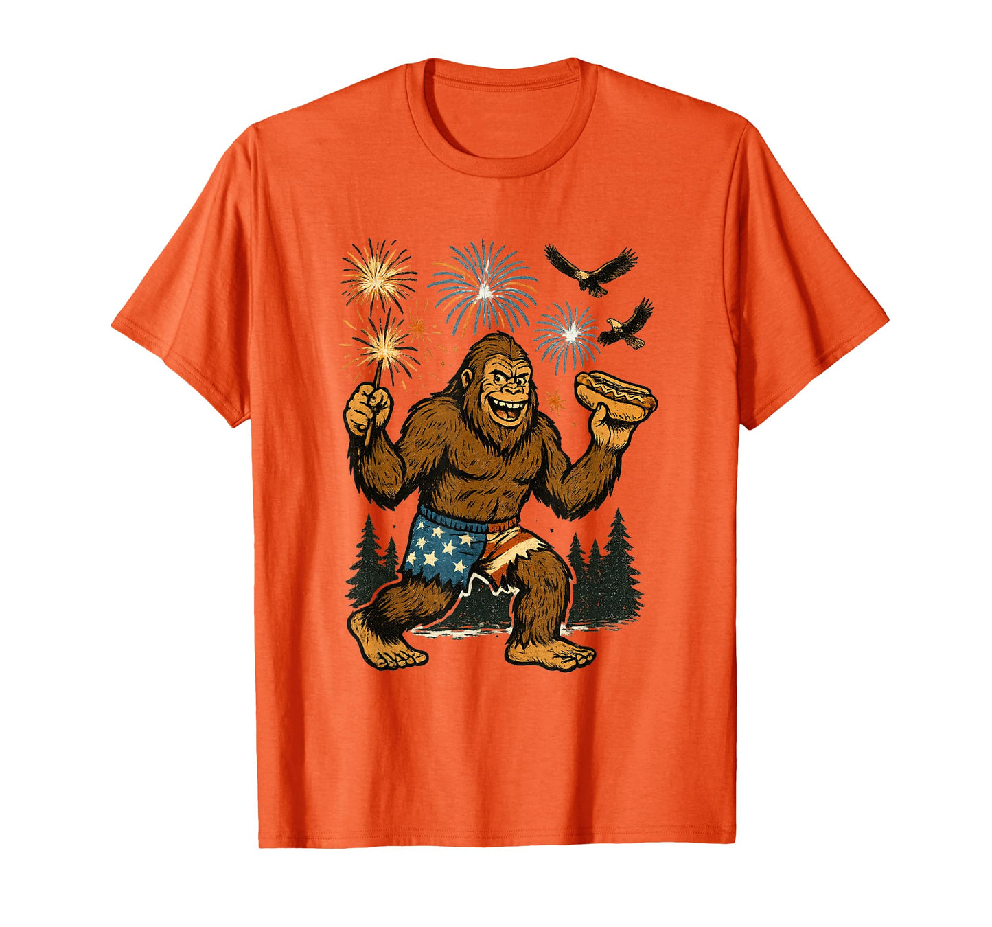 Bigfoot Fireworks 4th of July Men Sasquatch American US Flag T-Shirt