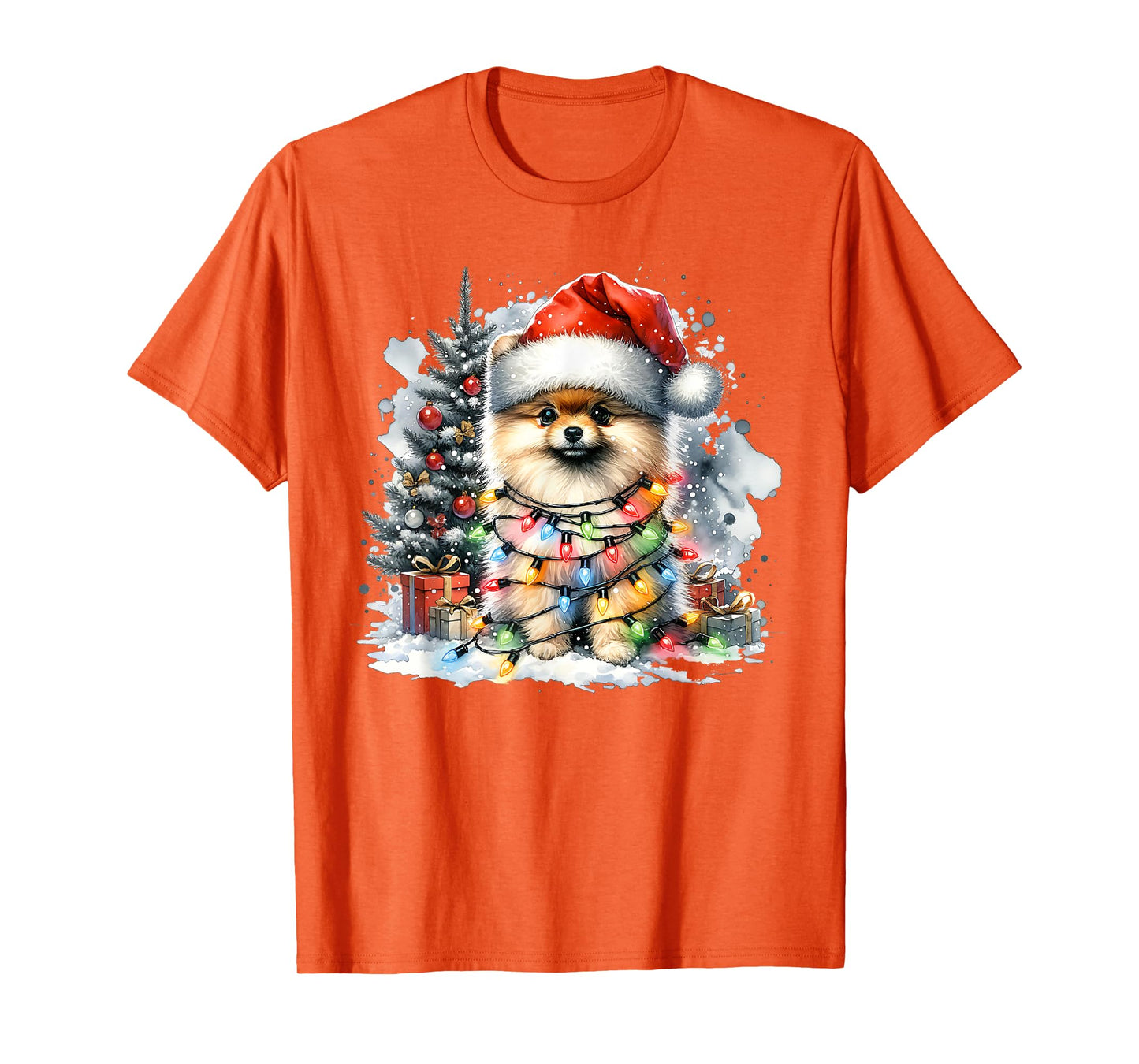 Funny Cute Santa Pomeranian Dog Tangled In Christmas Lights T-Shirt