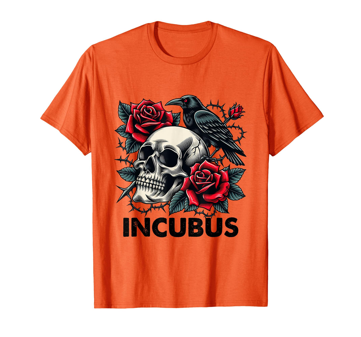 Retro Halloween Graphic Incubus-Crow Left Skull And Flower T-Shirt