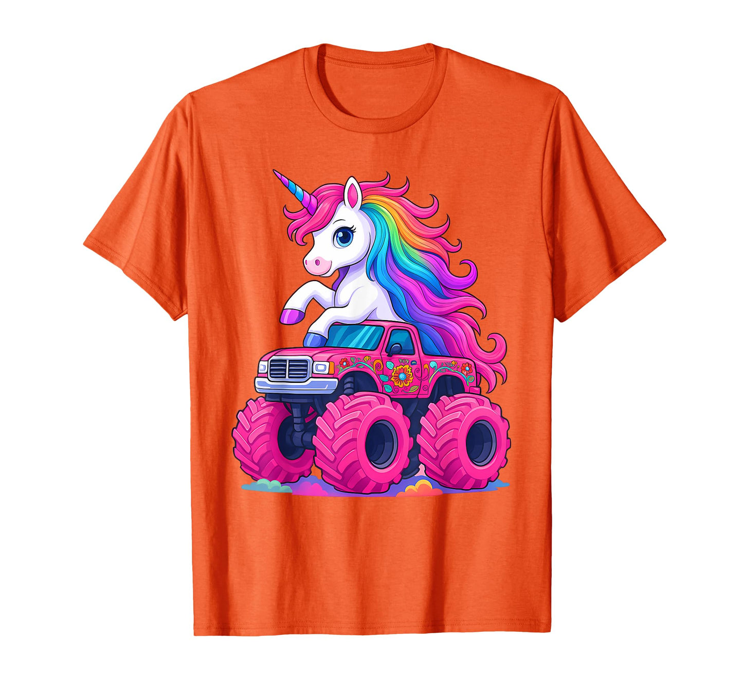 Cute Unicorn Riding A Pink Monster Truck Lover Birthday Kids T-Shirt
