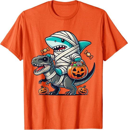 Shark Riding Dinosaur T-rex Funny Halloween Pumpkin Boys Kid T-Shirt