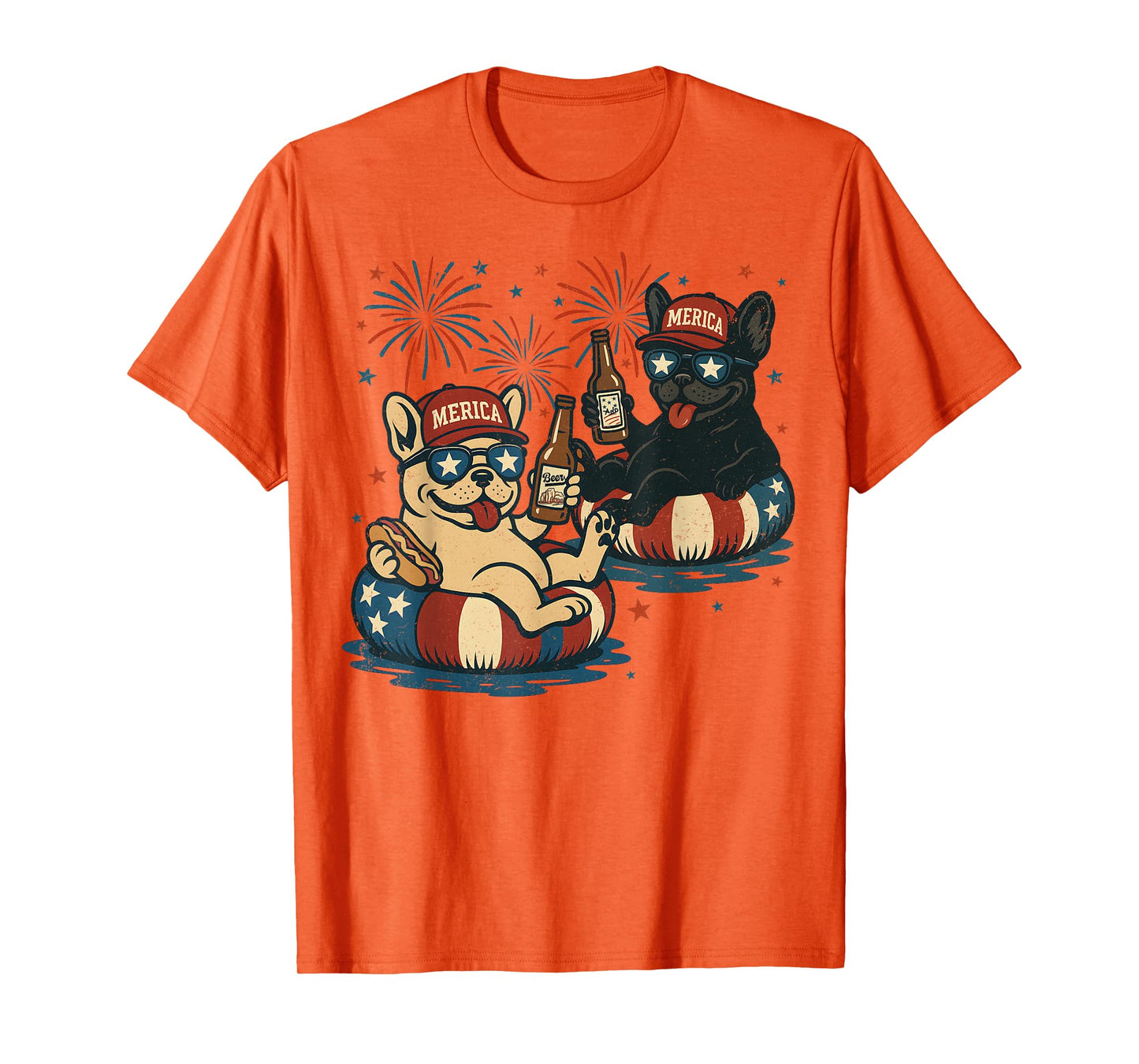 Retro Dogs With Beer, French Bulldog Adult 4th of July T-Shirt