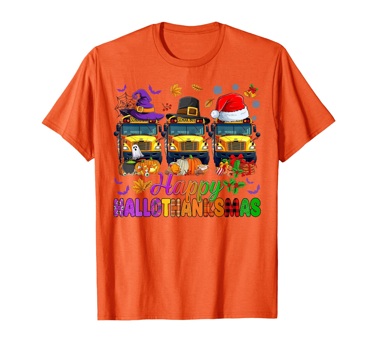 Happy Hallothanksmas School Bus Halloween Thanksgiving Xmas T-Shirt