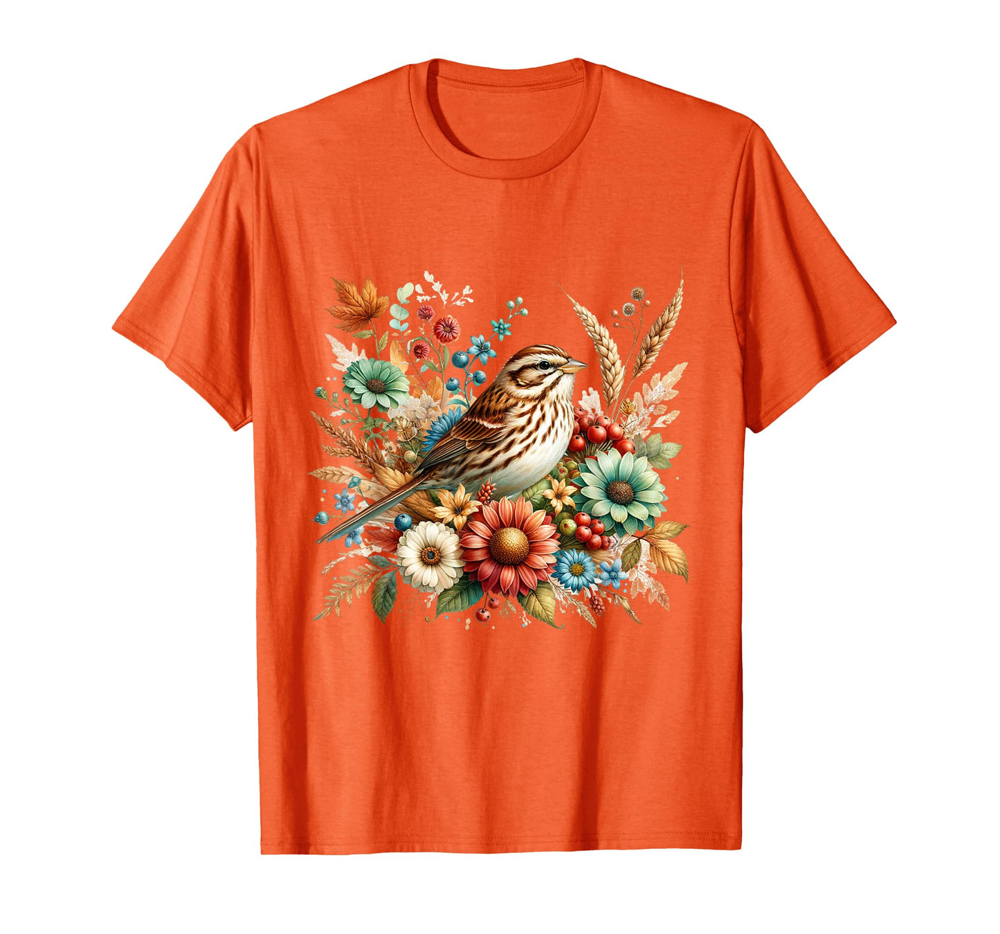 Song Sparrow Vintage Floral Autumn Bird T-Shirt