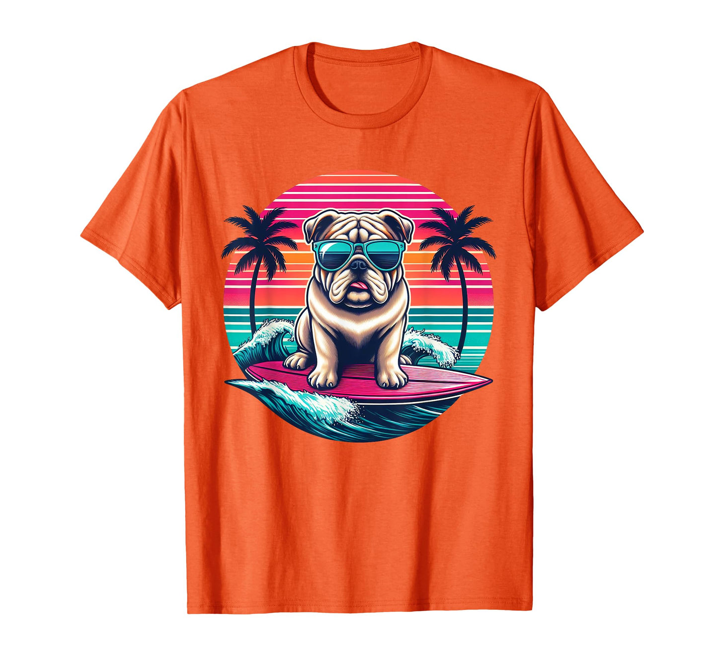 Surfing English Bulldog Retro Sunset Men Women Kids T-Shirt