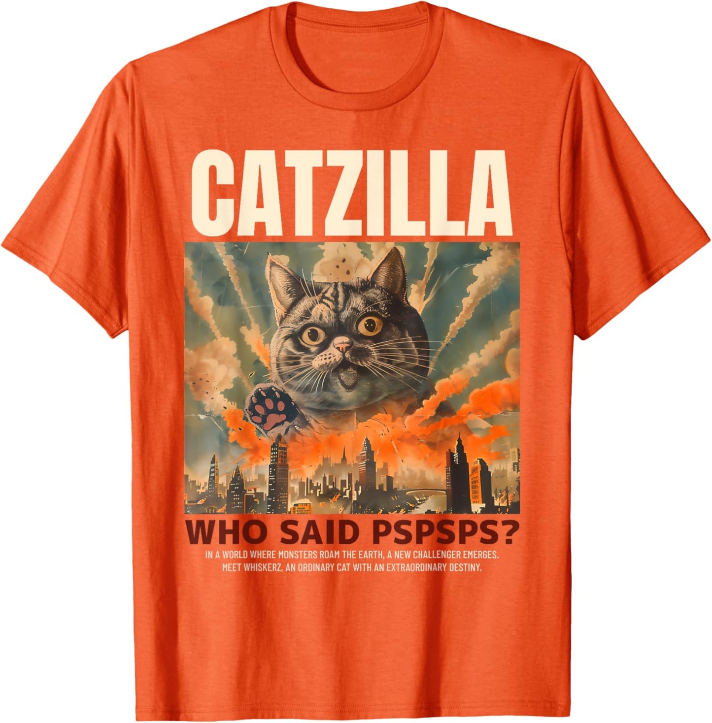 Japan Kitten Catzilla! Who Said Pspspsps? Funny Cat T-Shirt - Unisex-Adult, Orange, Small, Short Sleeve, Classic Fit, Cotton Blend
