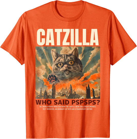 Japan Kitten Catzilla! Who Said Pspspsps? Funny Cat T-Shirt - Unisex-Adult, Orange, Small, Short Sleeve, Classic Fit, Cotton Blend