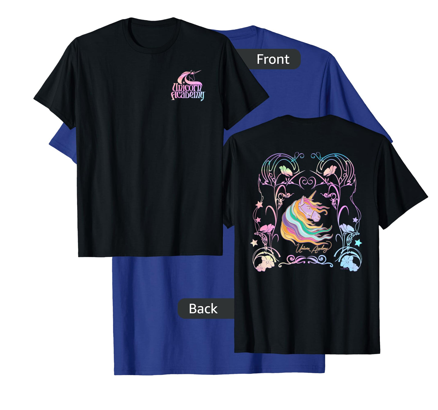 Unicorn Academy Enchanting Graphic Logo Front and Back Print T-Shirt