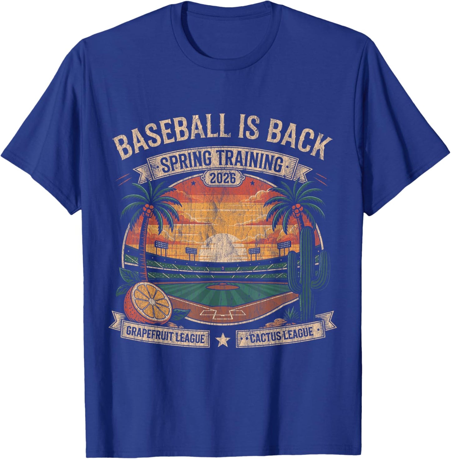 Spring Training Baseball is Back 2026 Retro Stadium Sunset T-Shirt T-Shirt - T-Shirt | Royal