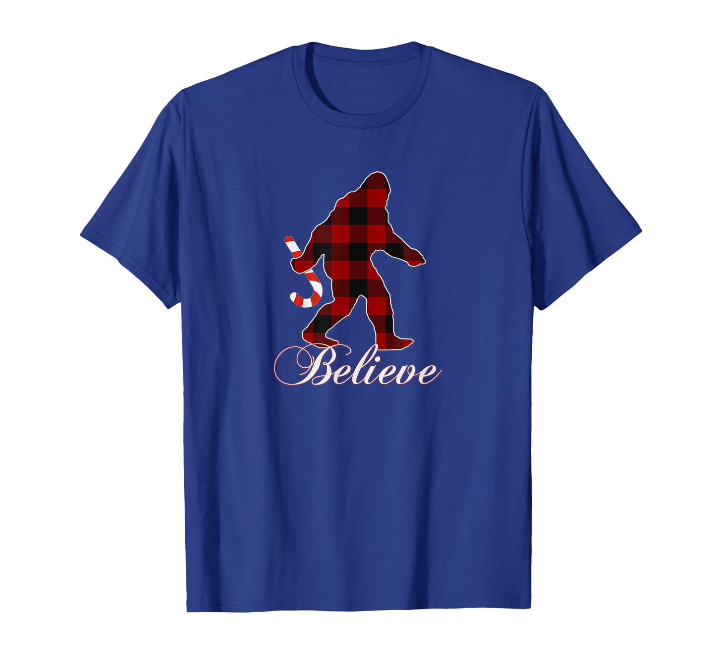 Bigfoot Buffalo Plaid Believe Candy Cane Christmas Pajamas T-Shirt