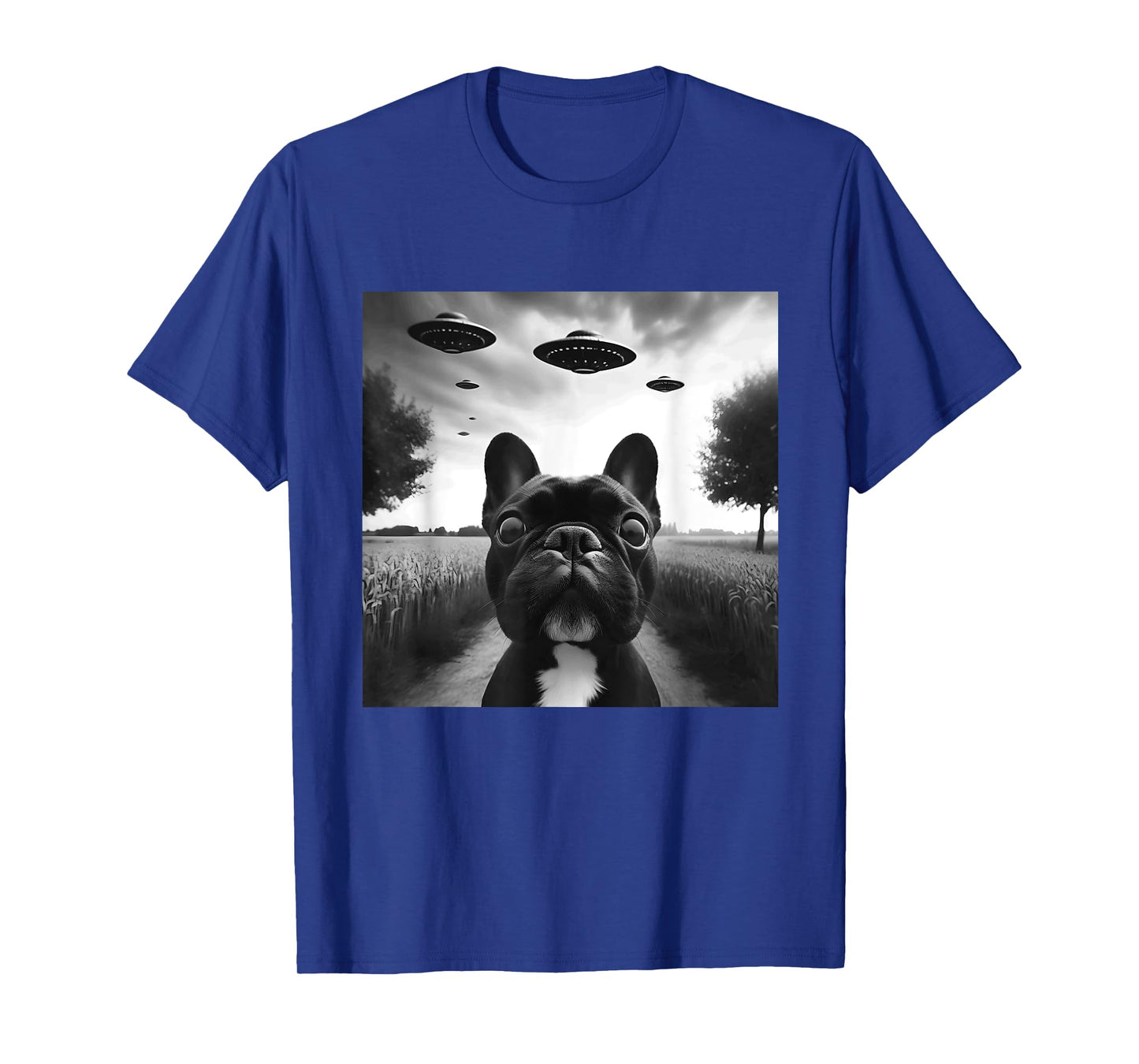 French Bulldog Funny Graphic Selfie with UFOs Weird Aliens T-Shirt