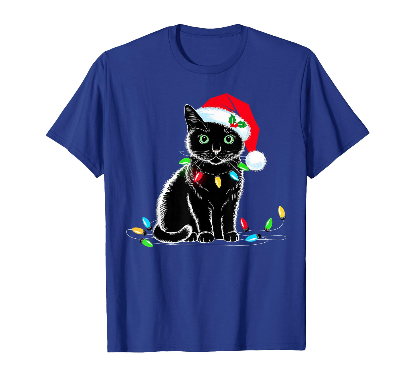 Black Cat Christmas Lights Santa Hat Funny Xmas Cat Lover Men Women Kids T-Shirt
