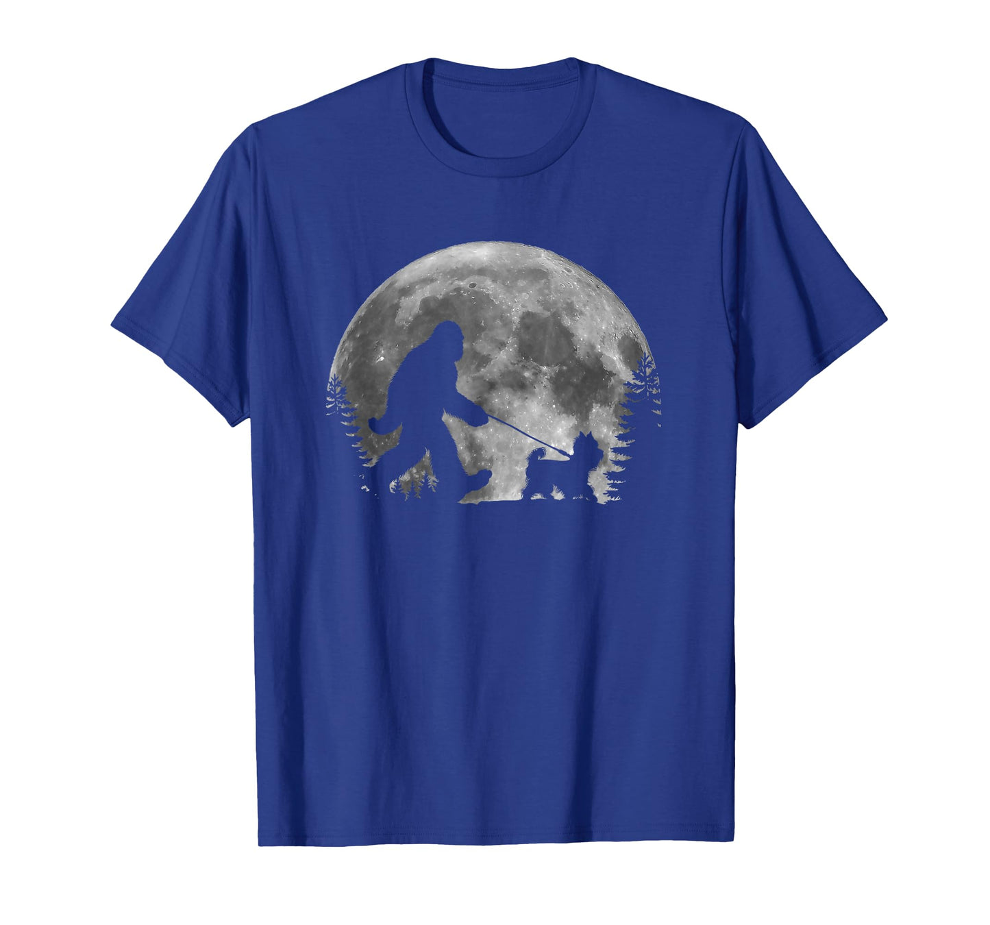 Bigfoot Walking a Dog Funny Yorkie Lovers Moon Halloween T-Shirt for Men Women Kids