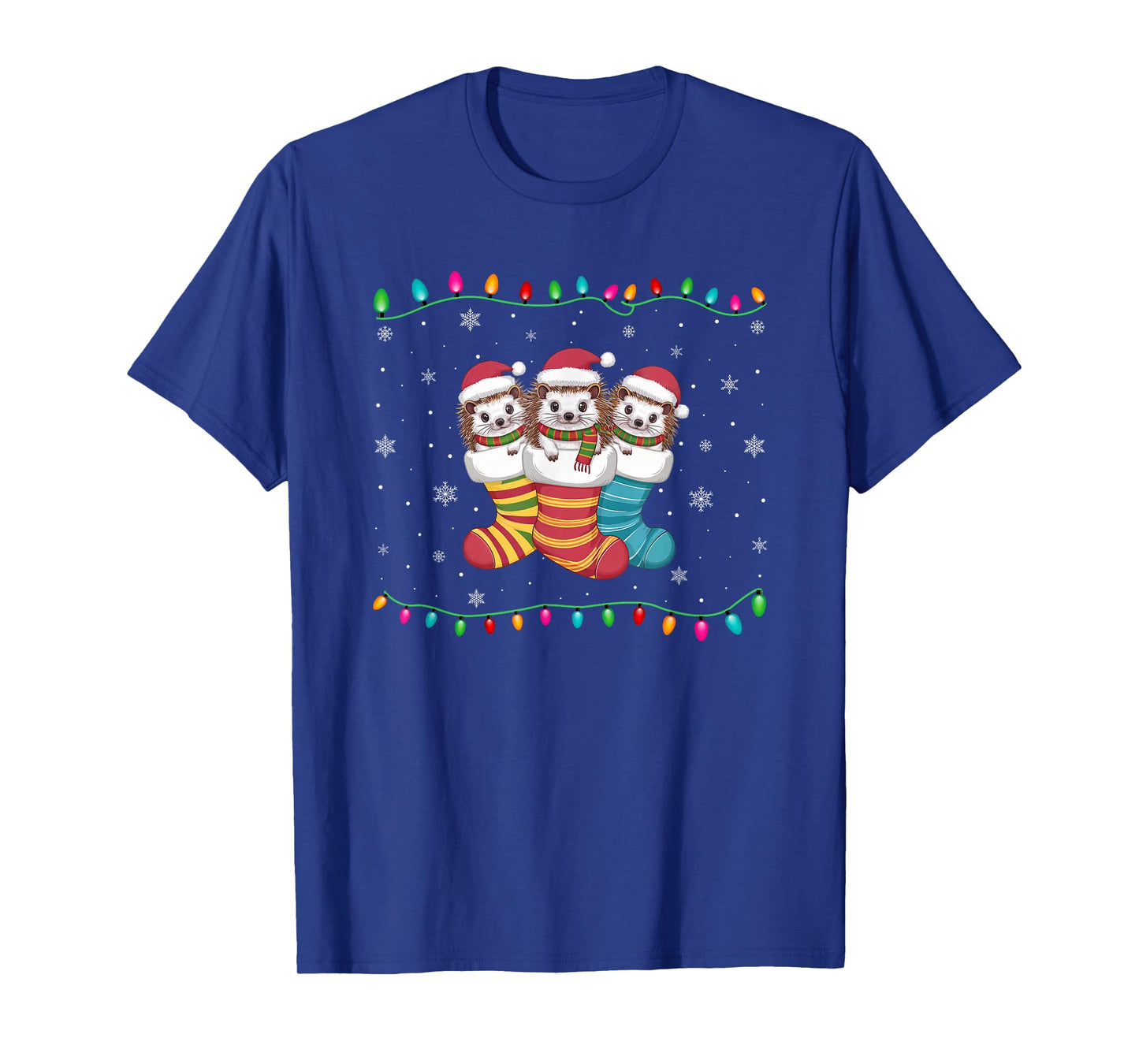Xmas Tree Lights Funny Hedgehog in Christmas Socks T-Shirt