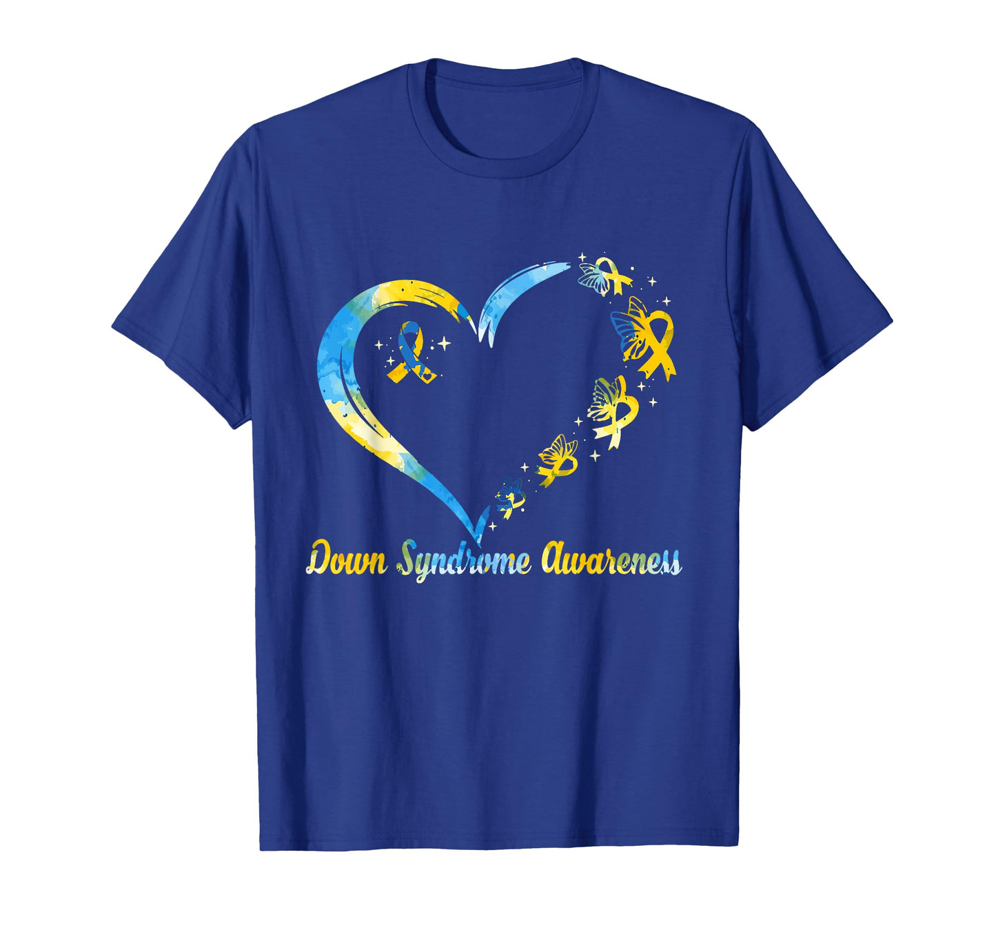 Rainbow Heart Down Syndrome Awareness Blue Yellow Ribbon T-Shirt
