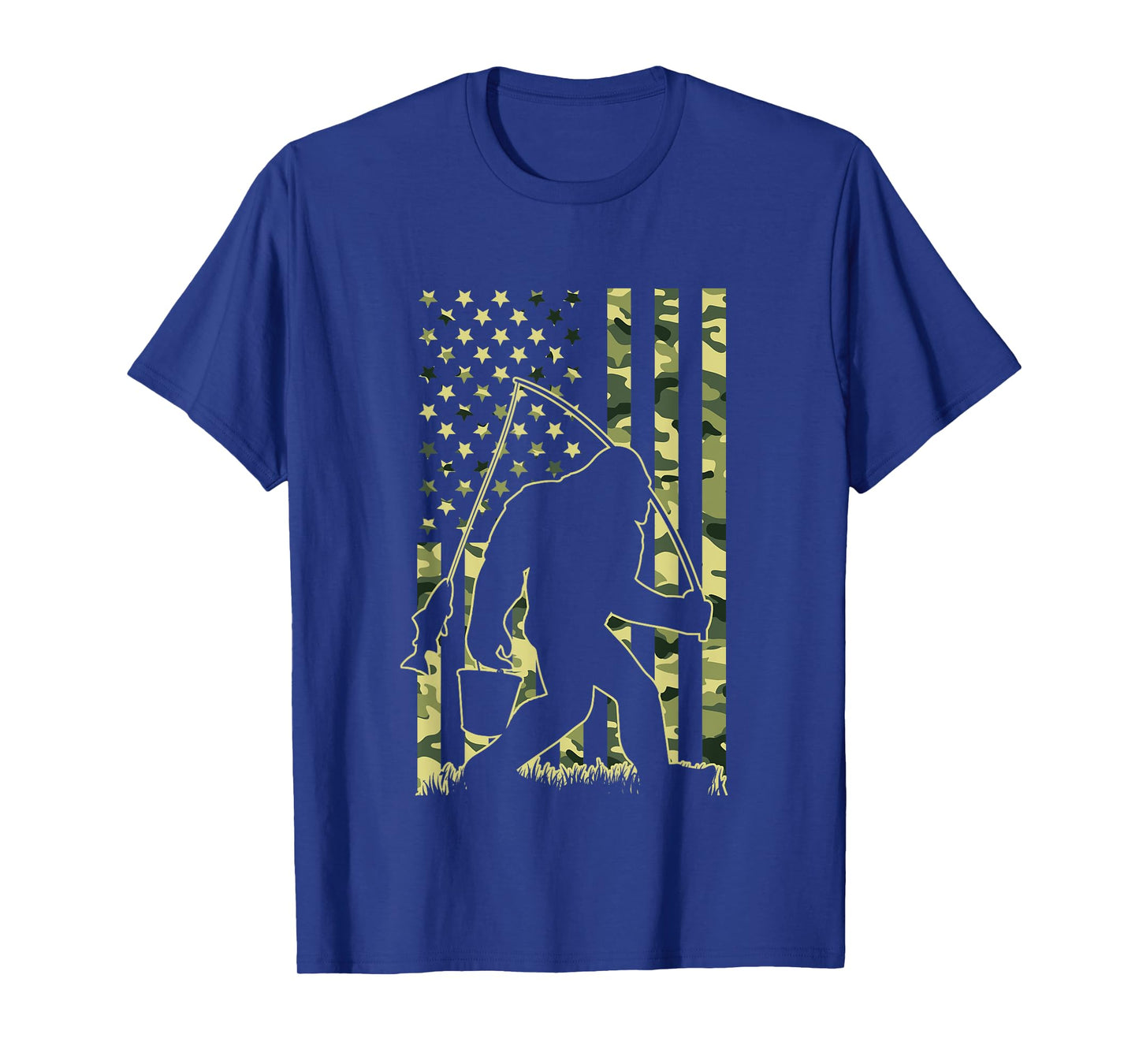 Bigfoot Fishing with Camo American Flag Funny Fisherman T-Shirt