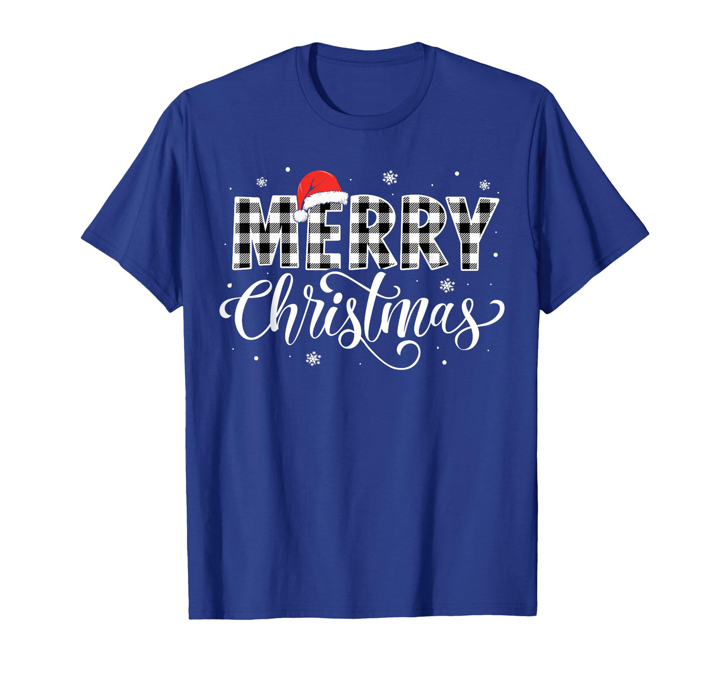 Merry Christmas Buffalo Plaid Black and White Santa Hat Xmas T-Shirt