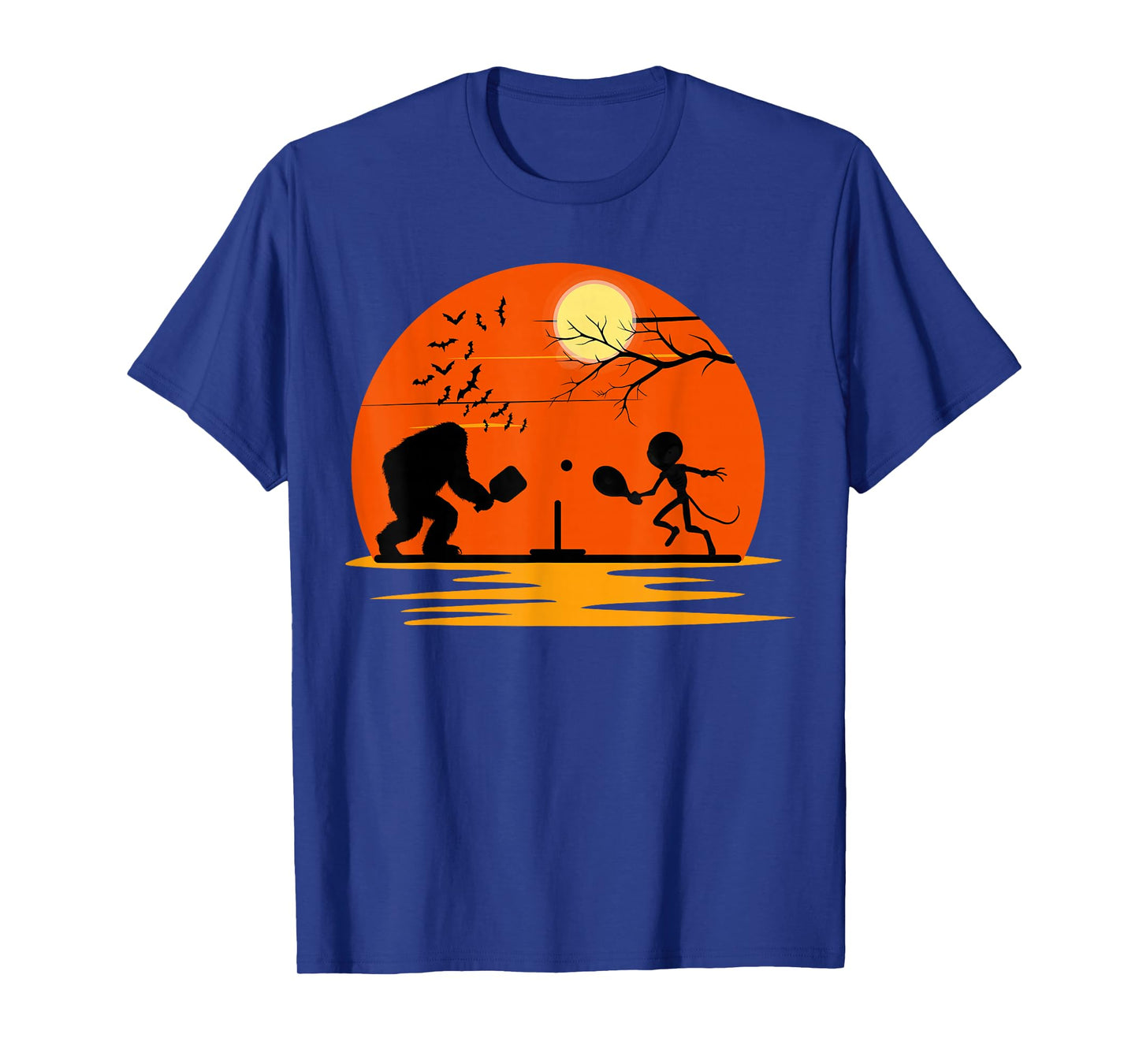 Bigfoot and Alien Playing Pickleball Halloween Sunset T-Shirt