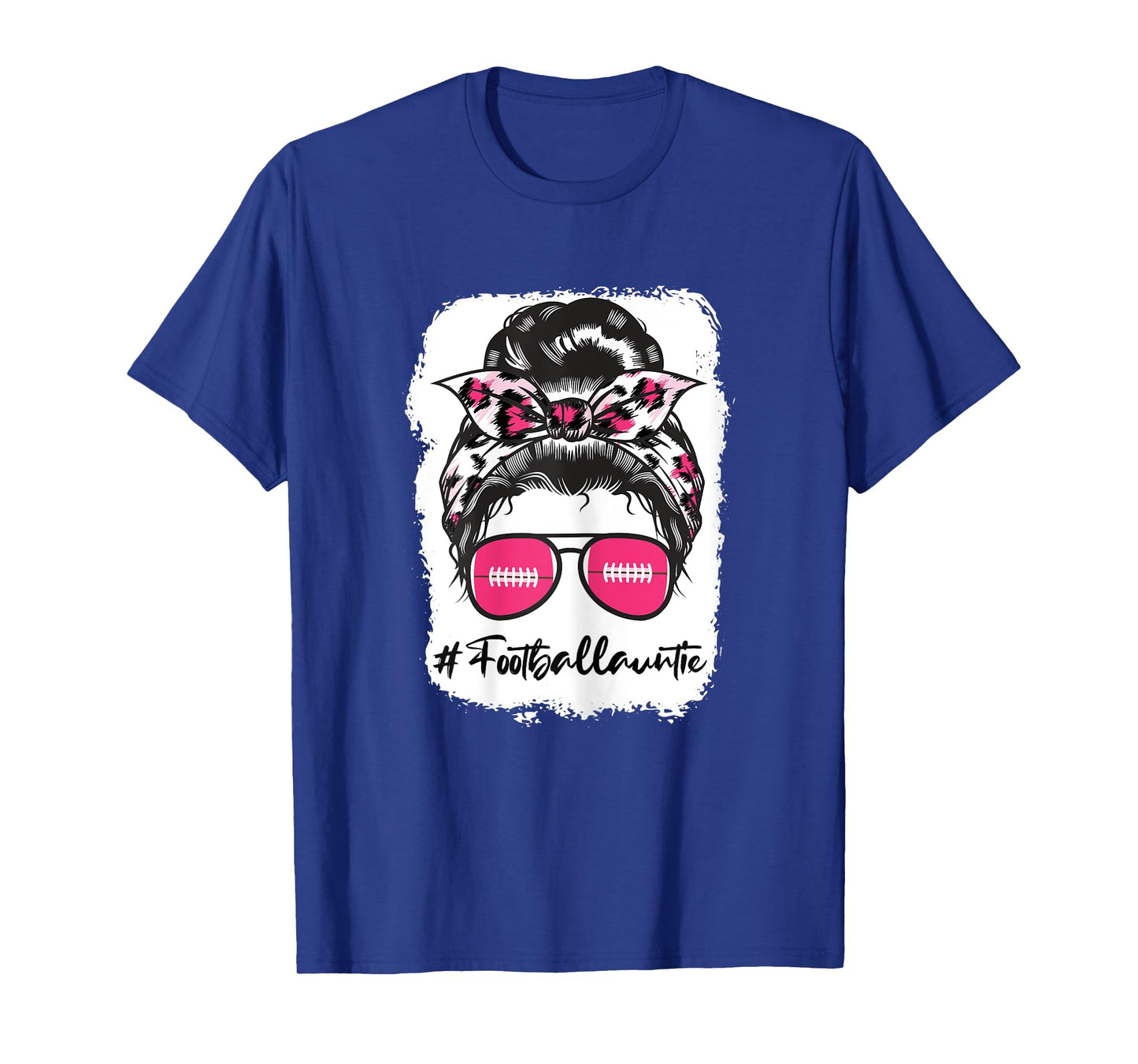 Bleached Football Auntie Pink Leopard Print Messy Bun T-Shirt