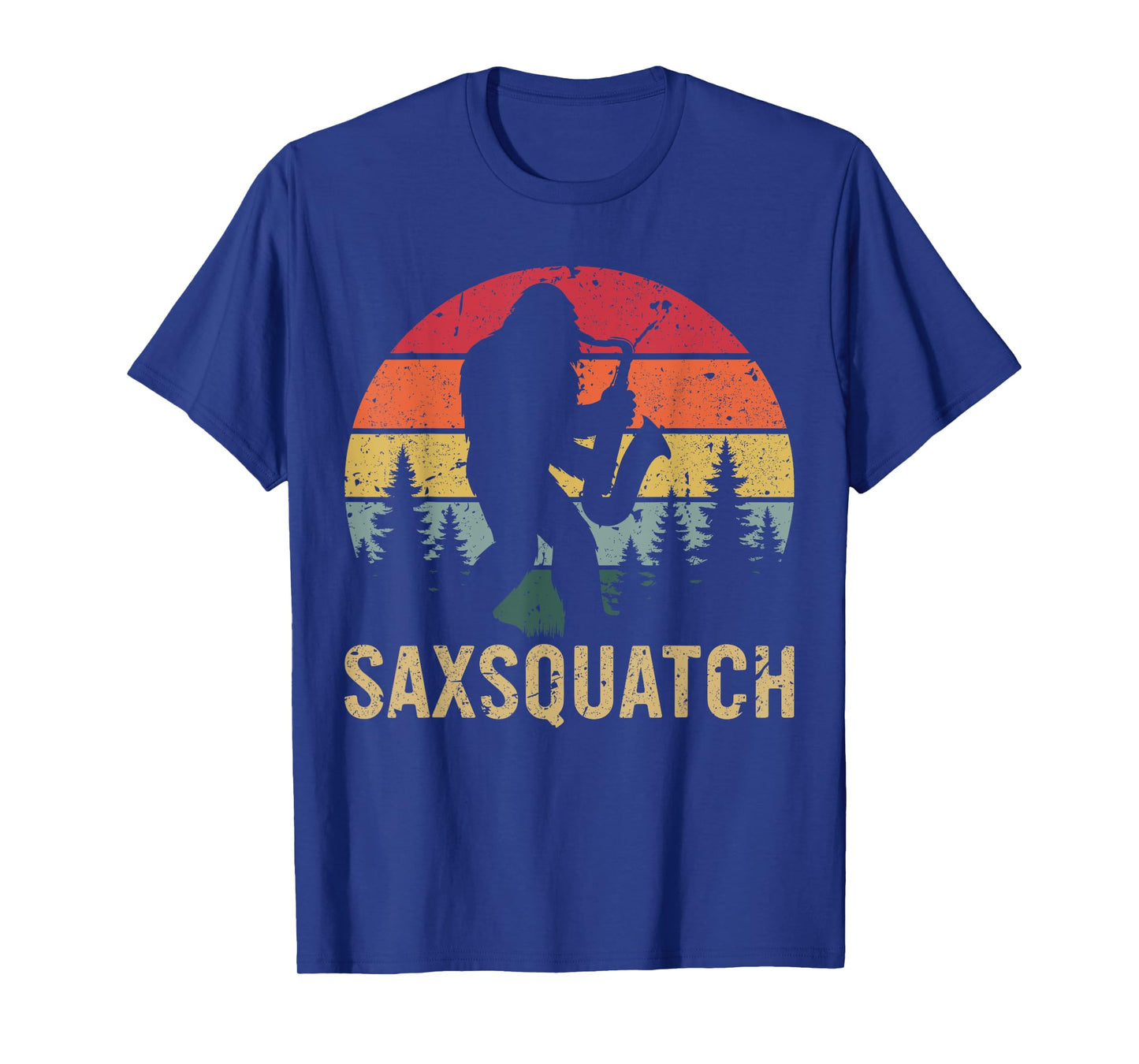 SaxSquatch Retro Sunset Yeti Bigfoot Saxophone Music Forest T-Shirt