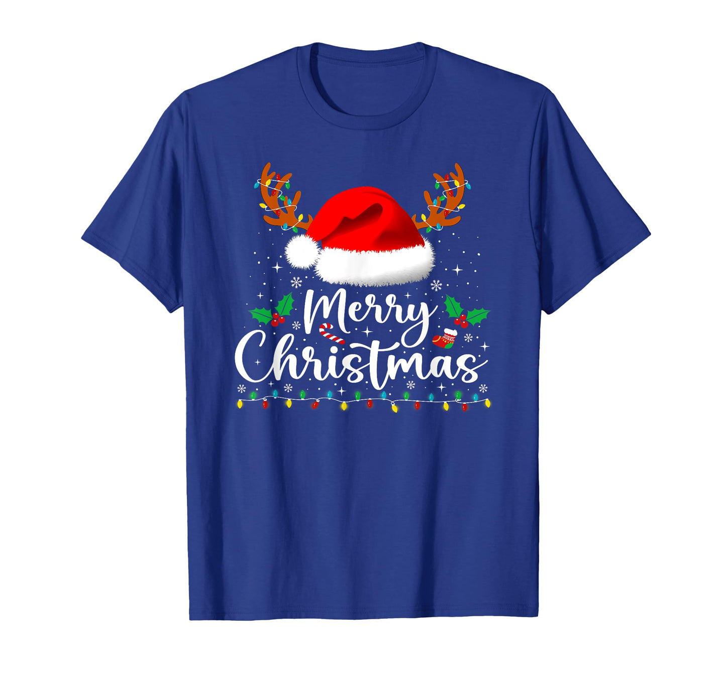 Merry Christmas Reindeer Funny Family Men Women Xmas Lights T-Shirt