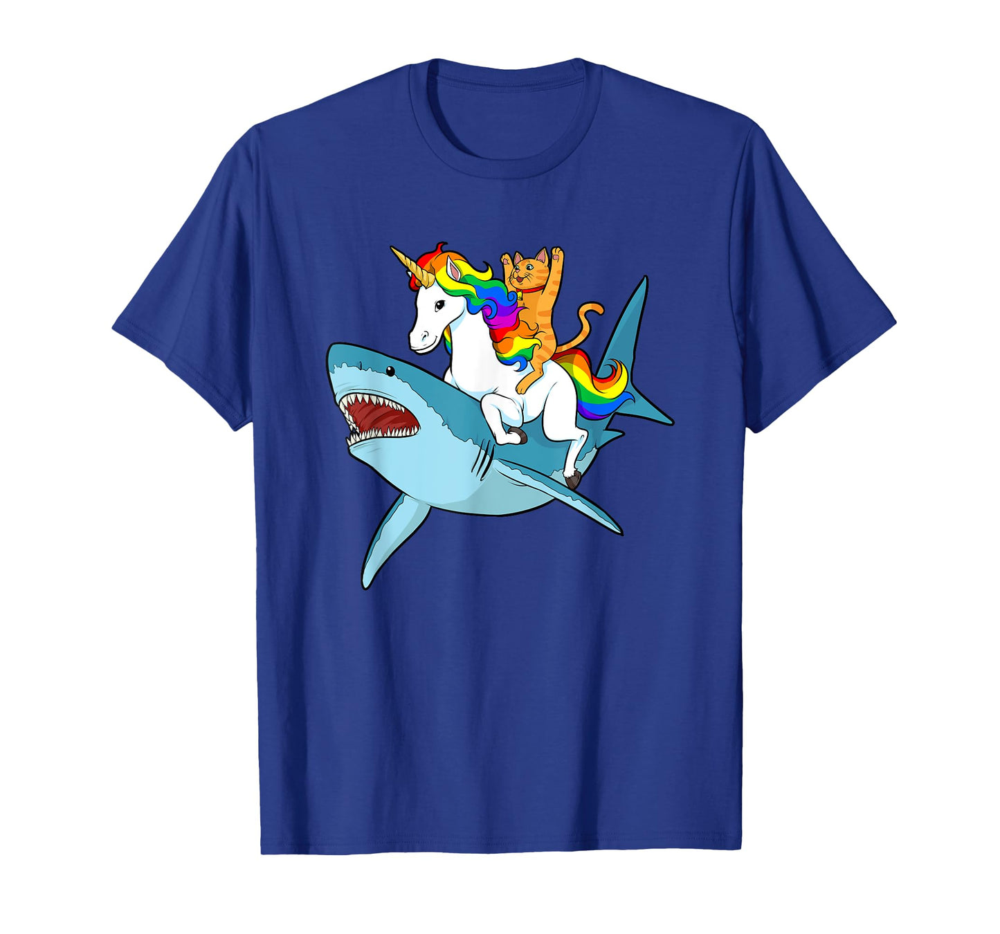 Cat Riding Unicorn Riding Shark Design T-Shirt