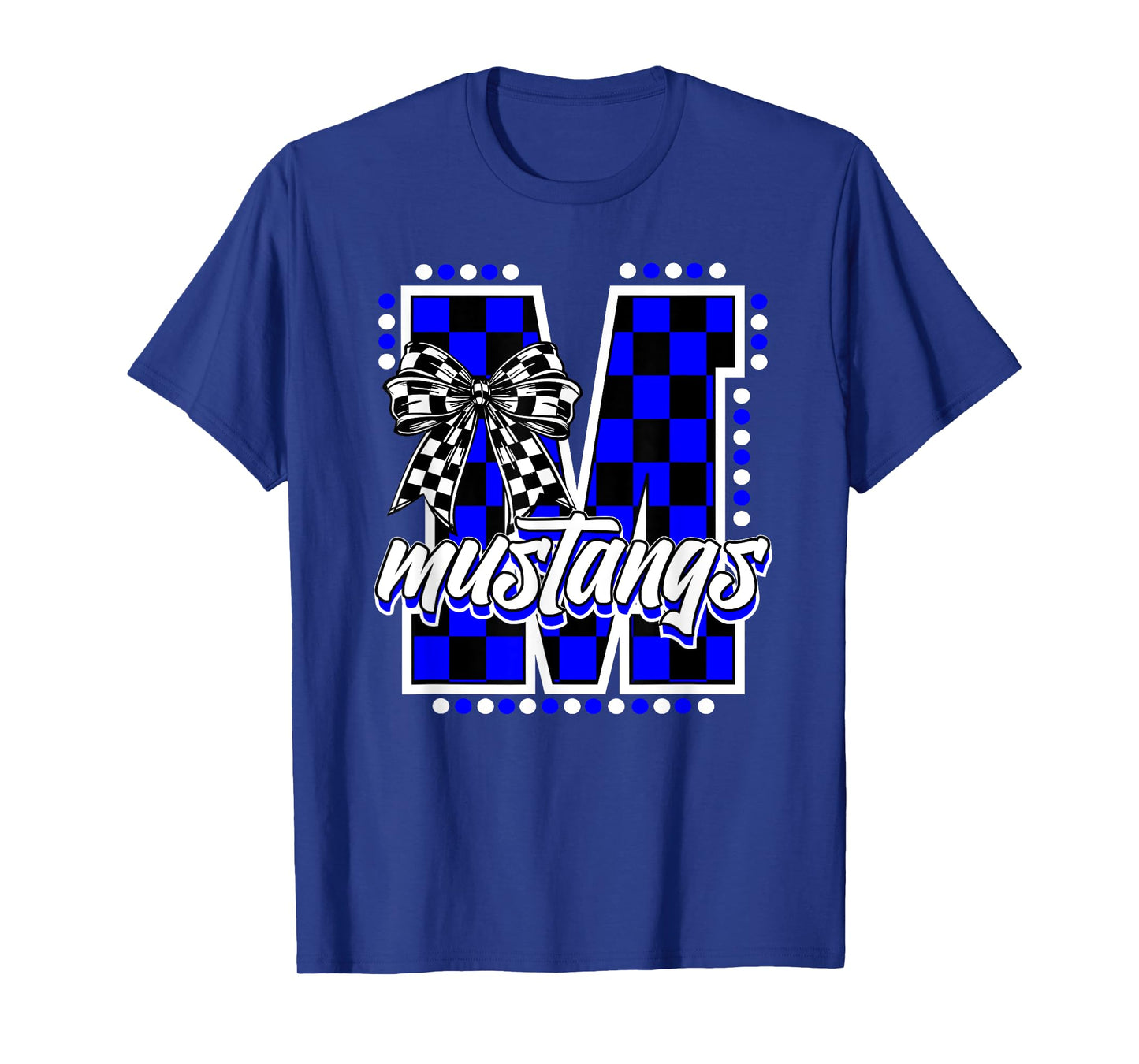 Blue Mustangs Checkered Print Coquette Bow School Mascot T-Shirt