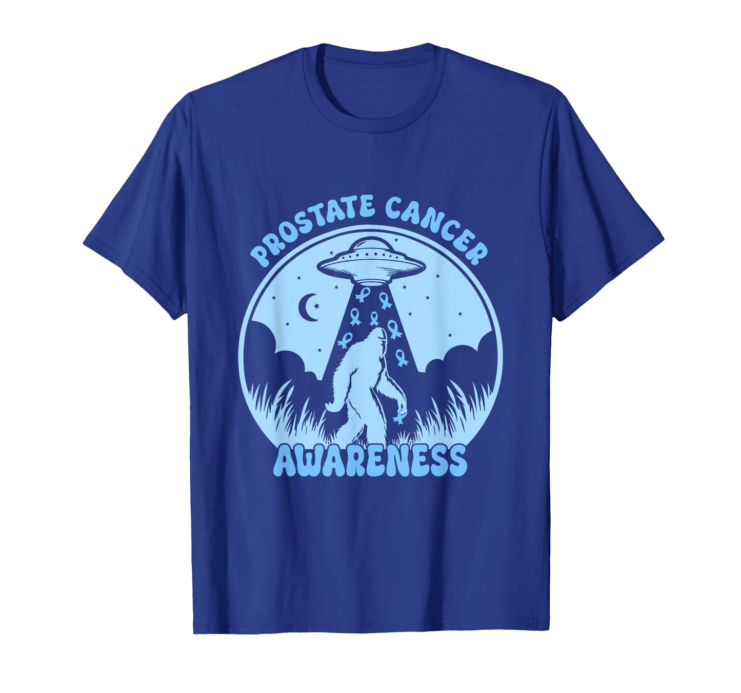 Prostate Cancer Awareness Funny Bigfoot UFO Blue Ribbon T-Shirt