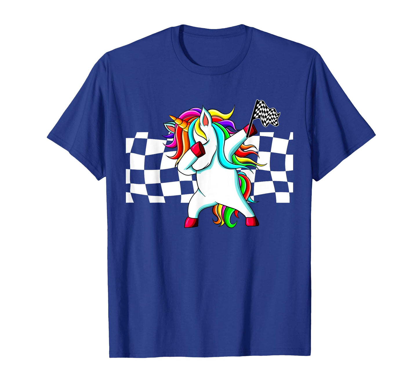 Racecar Racing Checker Flag Dabbing Unicorn Graphic T-Shirt