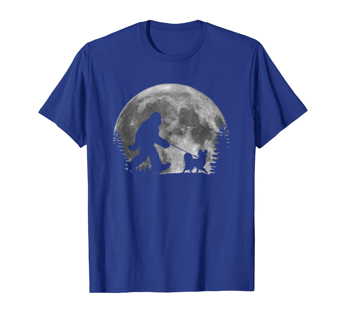 Bigfoot Walking a Dog Funny Papillon Lovers Moon Halloween T-Shirt