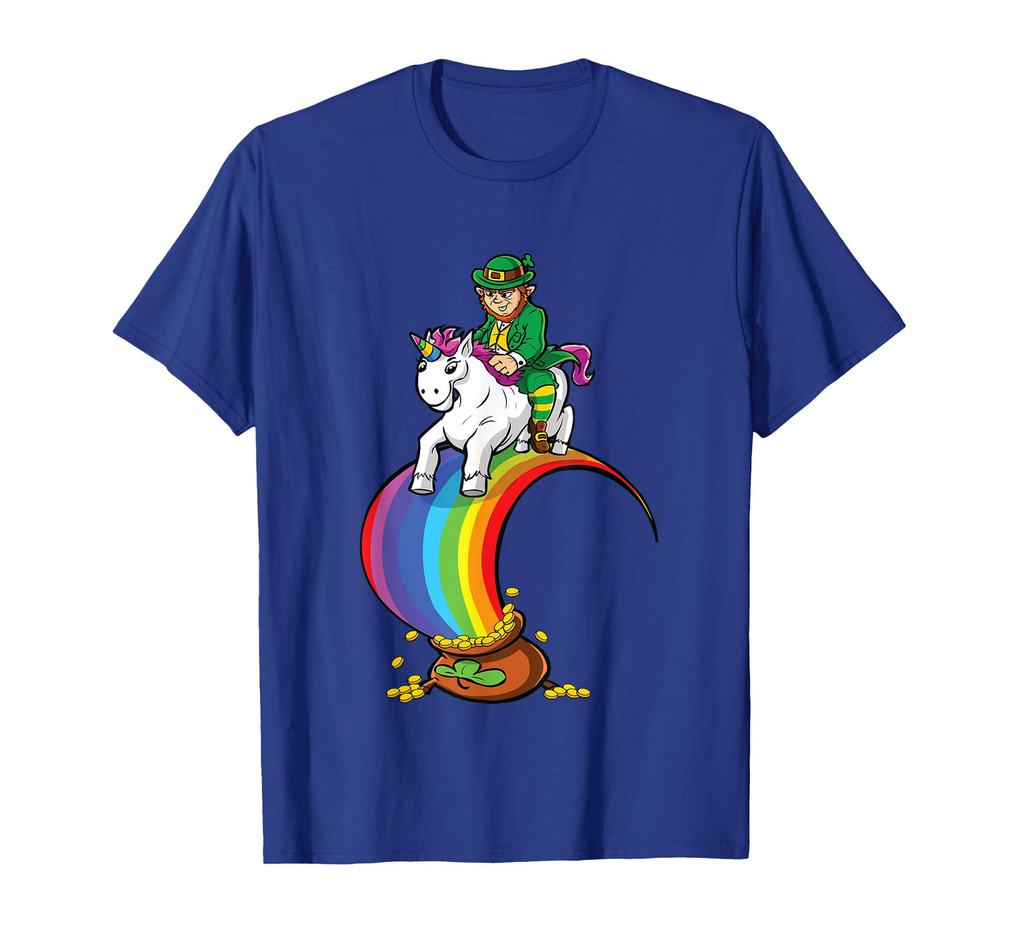 Leprechaun Riding Unicorn Over Rainbow & Pot of Gold T-Shirt