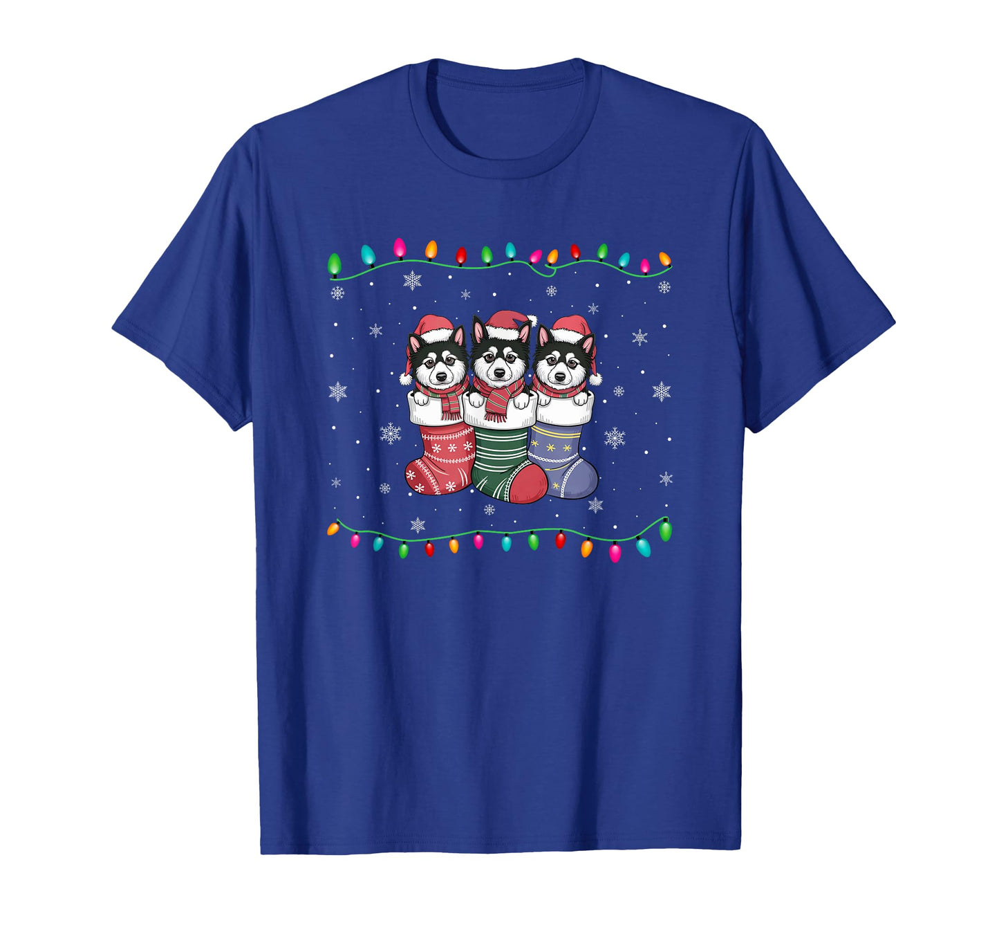 Xmas Tree Lights Alaskan Klee Kai Dog in Christmas Socks T-Shirt