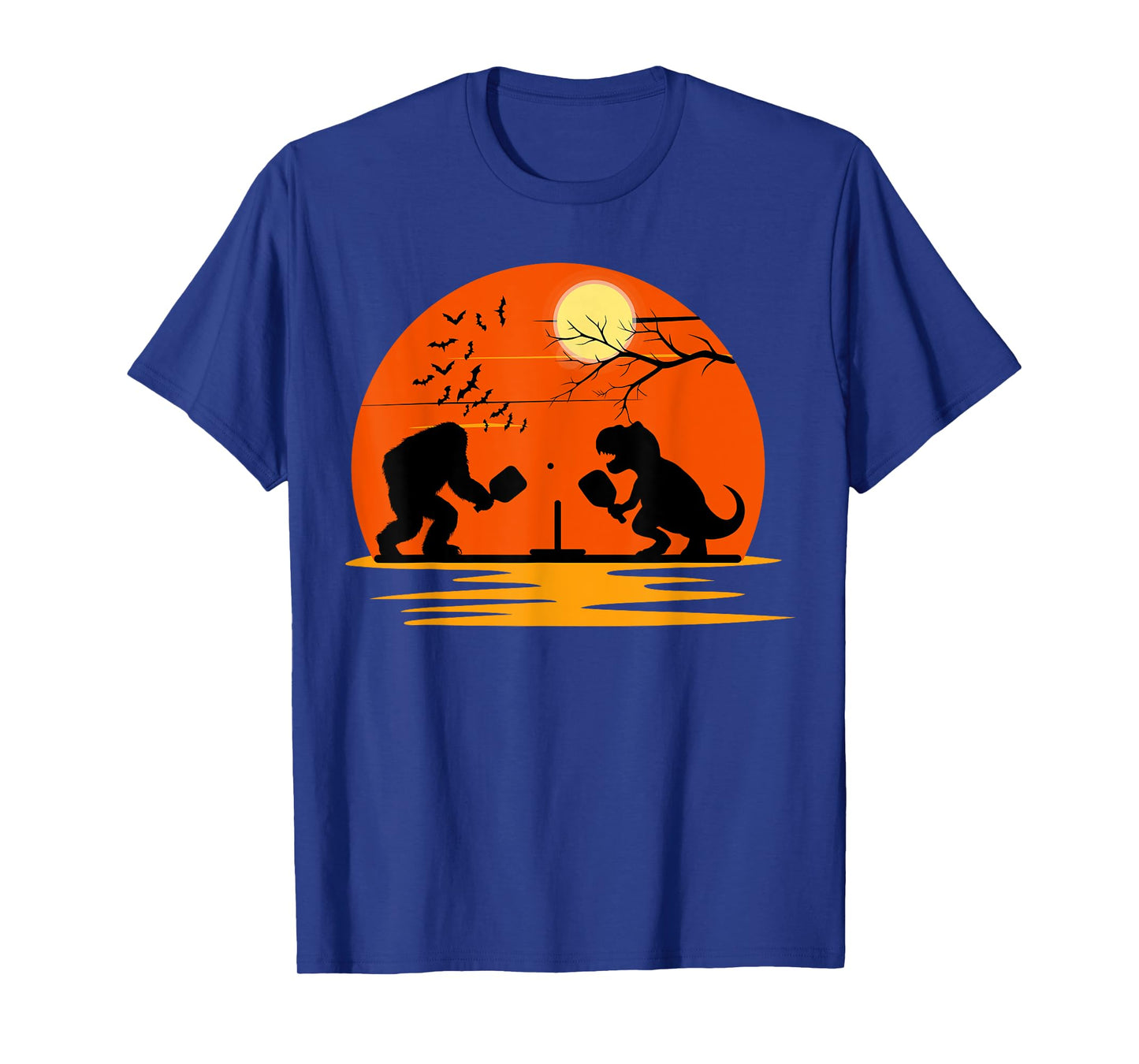 Bigfoot and T-Rex Playing Pickleball Halloween Sunset T-Shirt