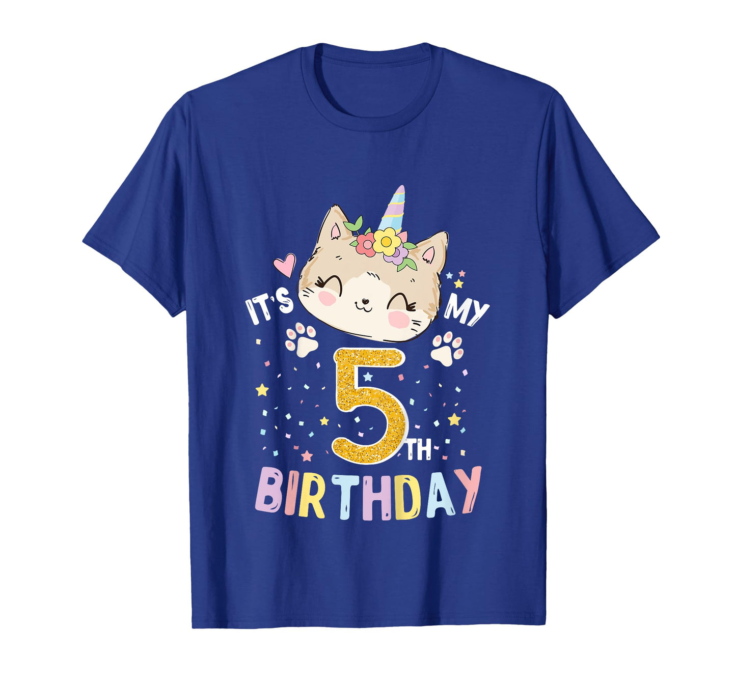 Kids It’s My 5th Birthday Cute Unicorn Cat 5-Year-Old Girl T-Shirt