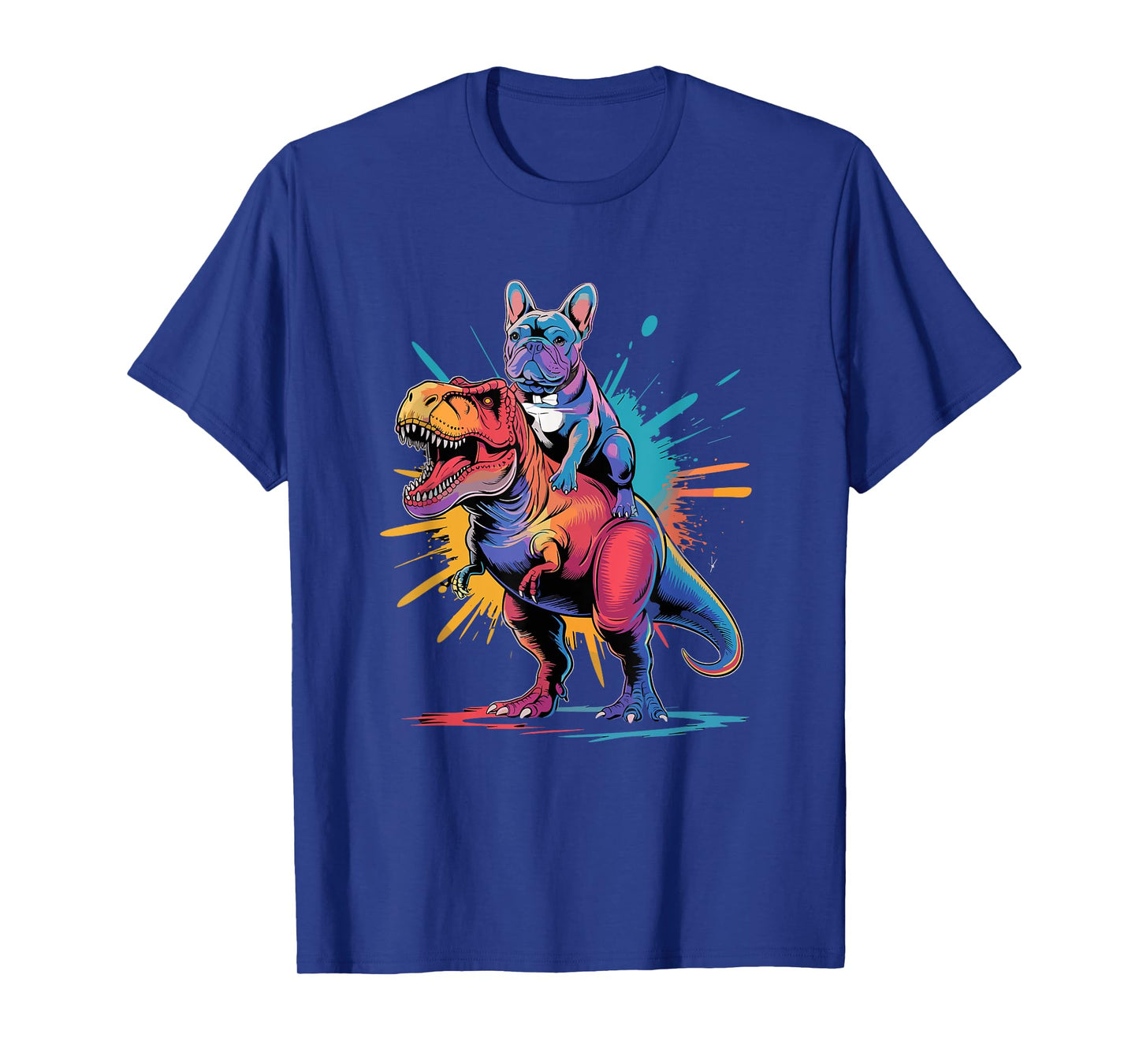 French Bulldog Riding Dinosaur Art Fun T-Shirt