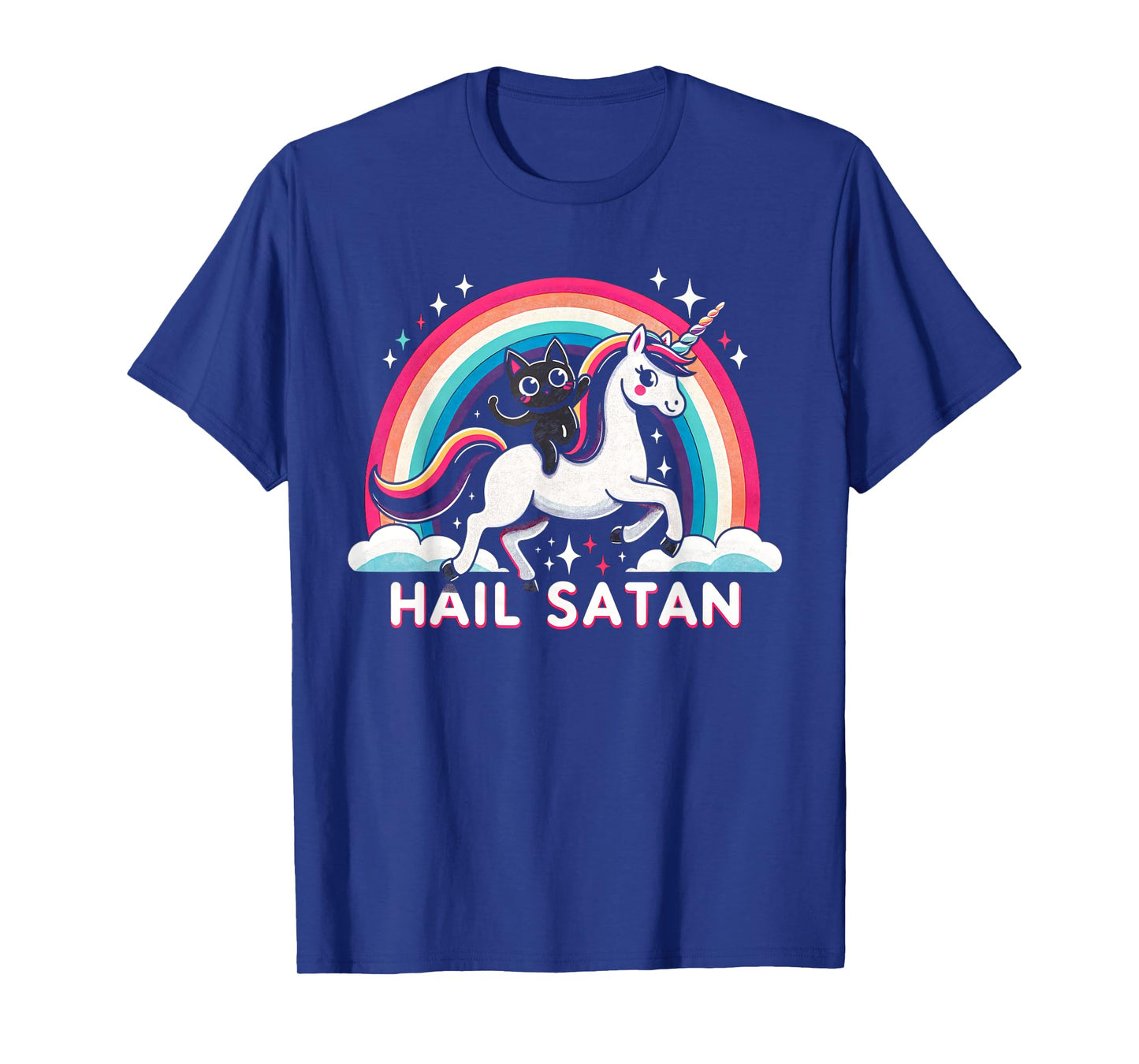 Cute Satanic Cat Riding A Unicorn Over A Rainbow Hail Satan Men Women Kids T-Shirt
