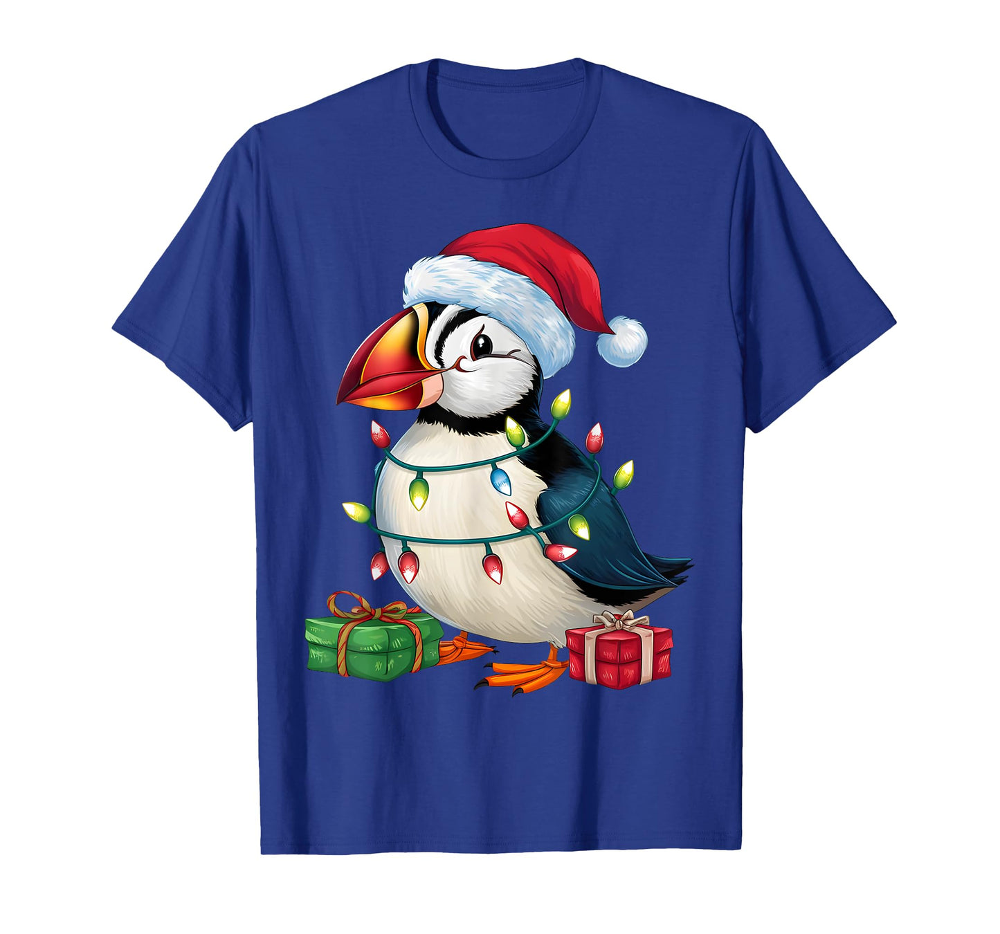 Puffin Bird Lover Xmas Lighting Santa Hat Puffin Christmas T-Shirt