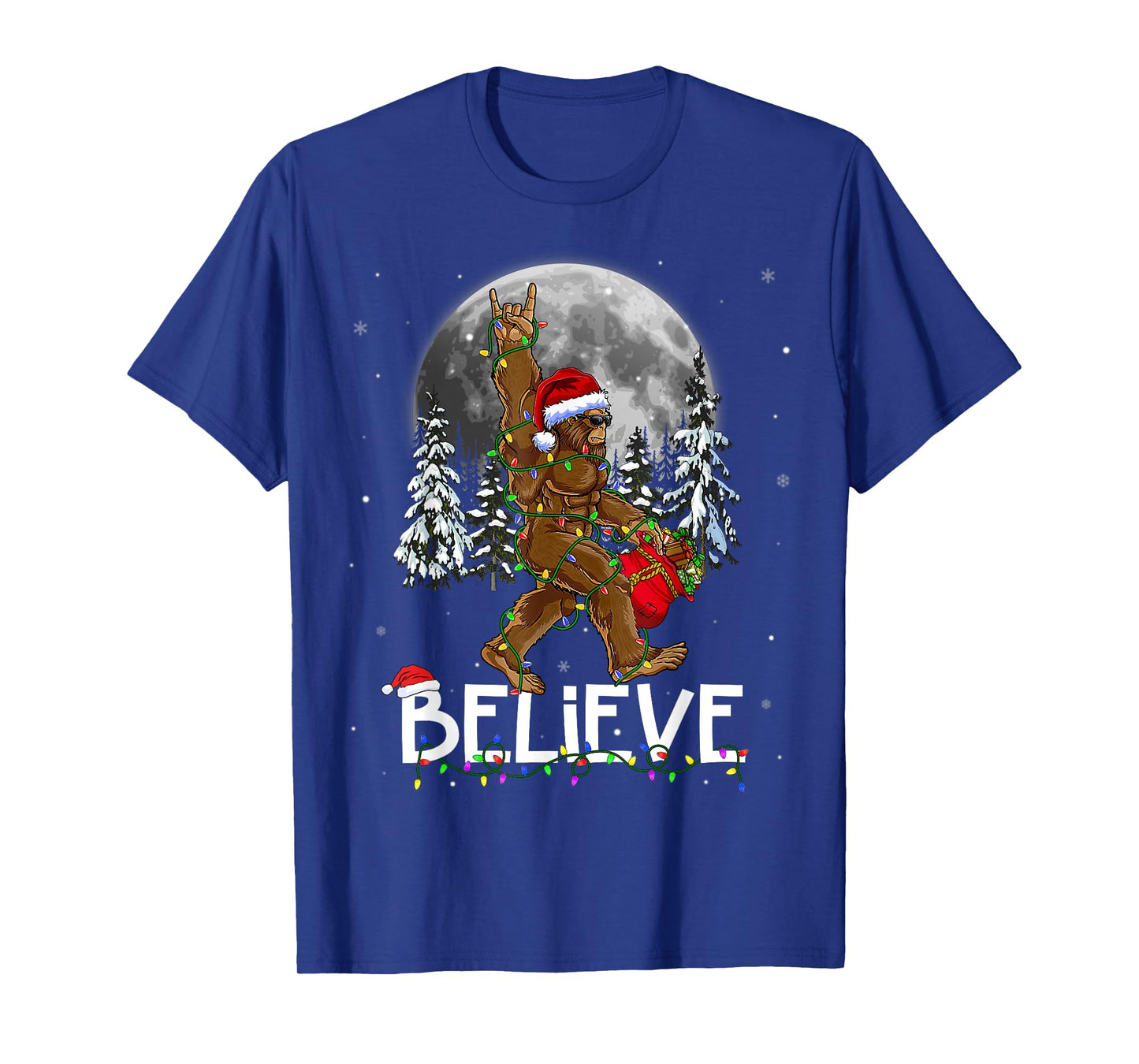 Santa Bigfoot Christmas Lights Funny Sasquatch Believe Xmas T-Shirt