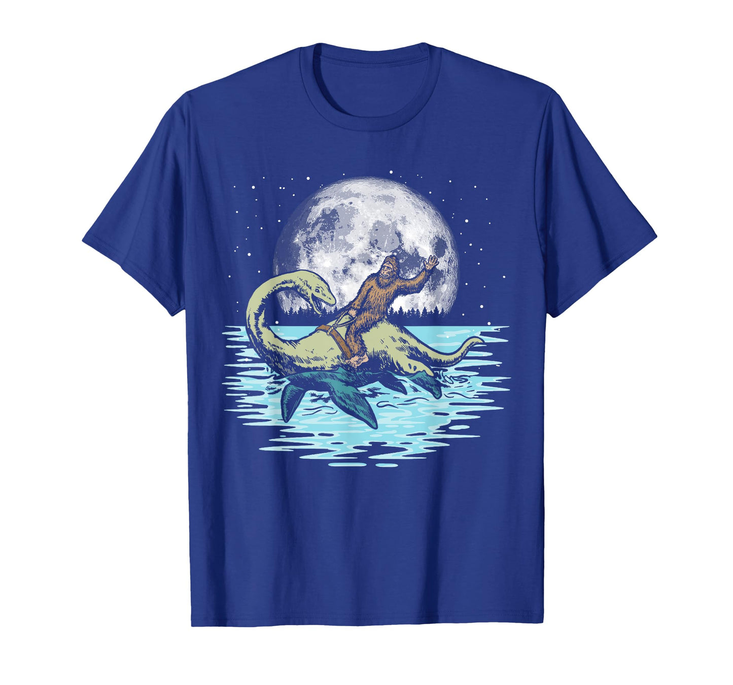Funny Bigfoot Riding Nessie Loch Ness Monster & Full Moon T-Shirt