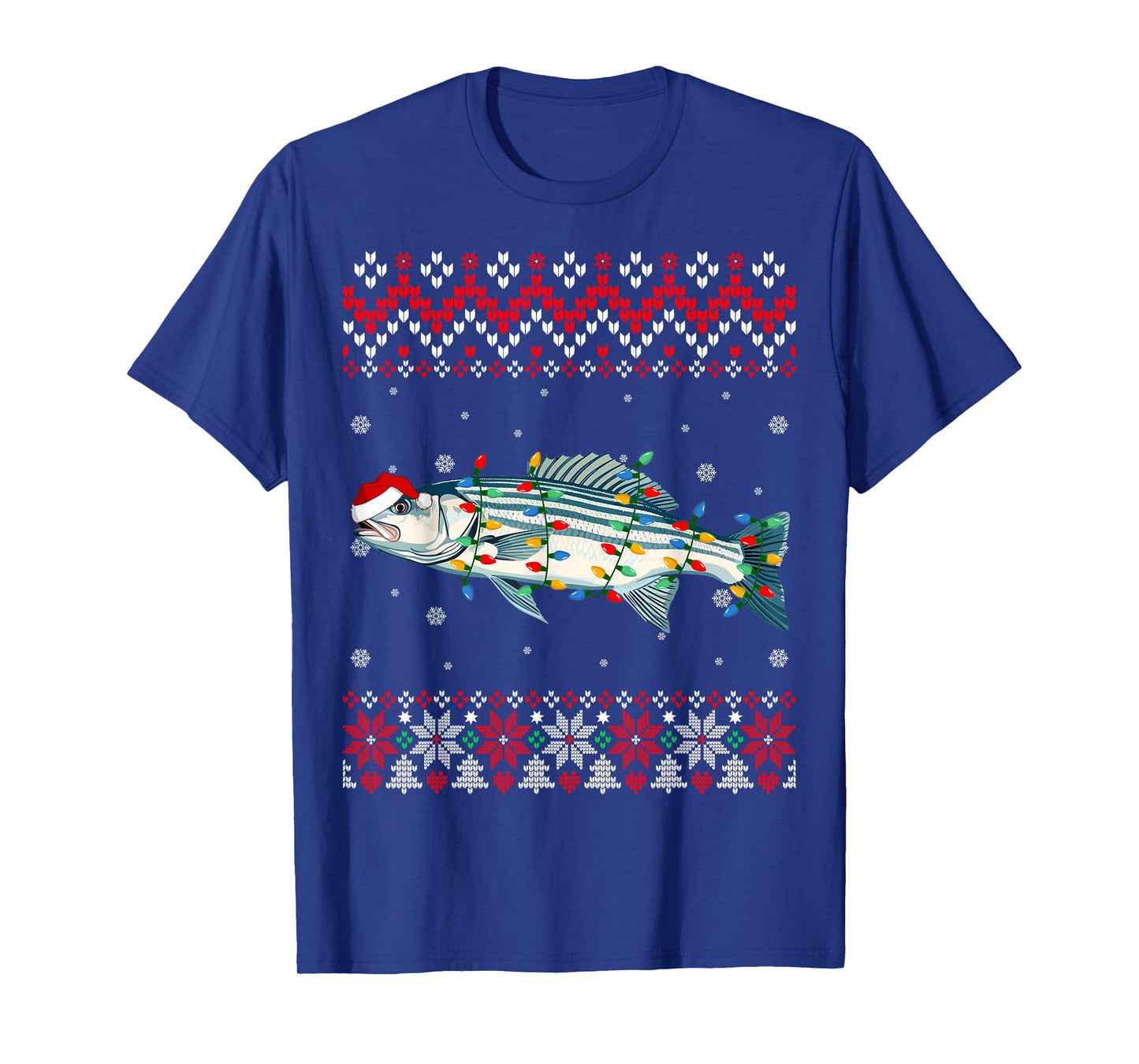 Striped Bass Fish Santa Hat Women Kids Ugly Christmas Light T-Shirt