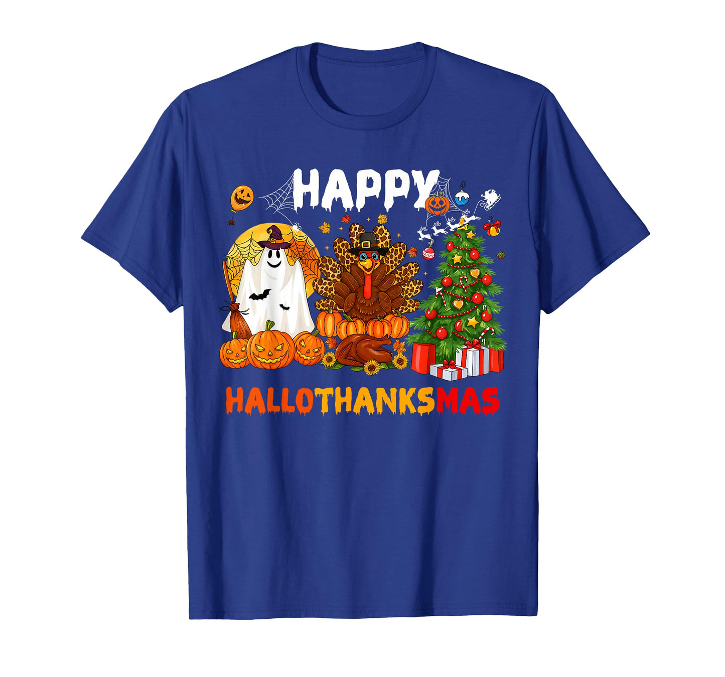 Retro Happy Hallothanksmas Halloween Thanksgiving Christmas T-Shirt