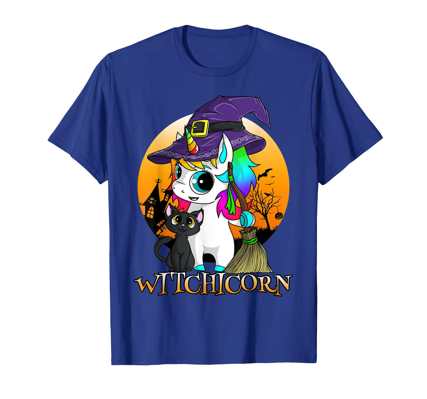 Witchicorn Unicorn Witch Halloween Black Cat Orange Moon T-Shirt