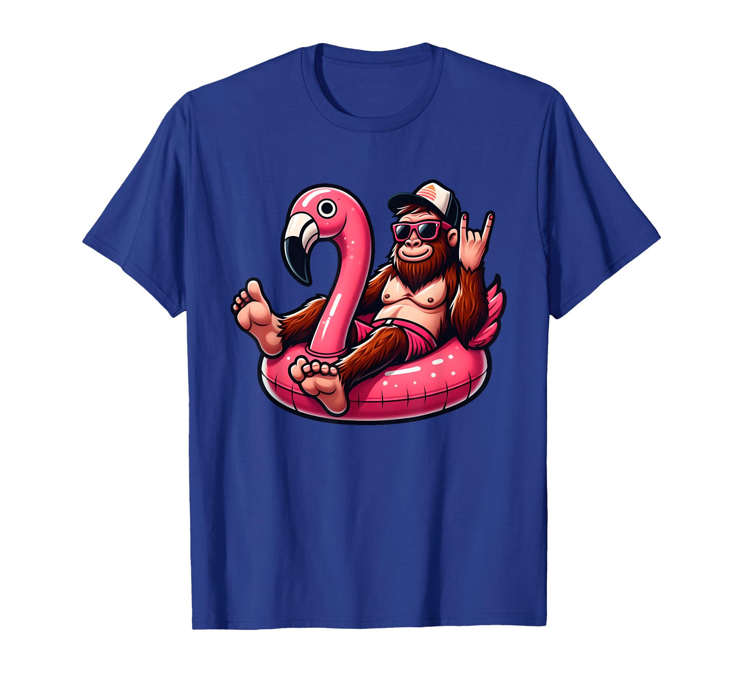Bigfoot Chilling on Pink Flamingo Pool Float Beach Vacation T-Shirt