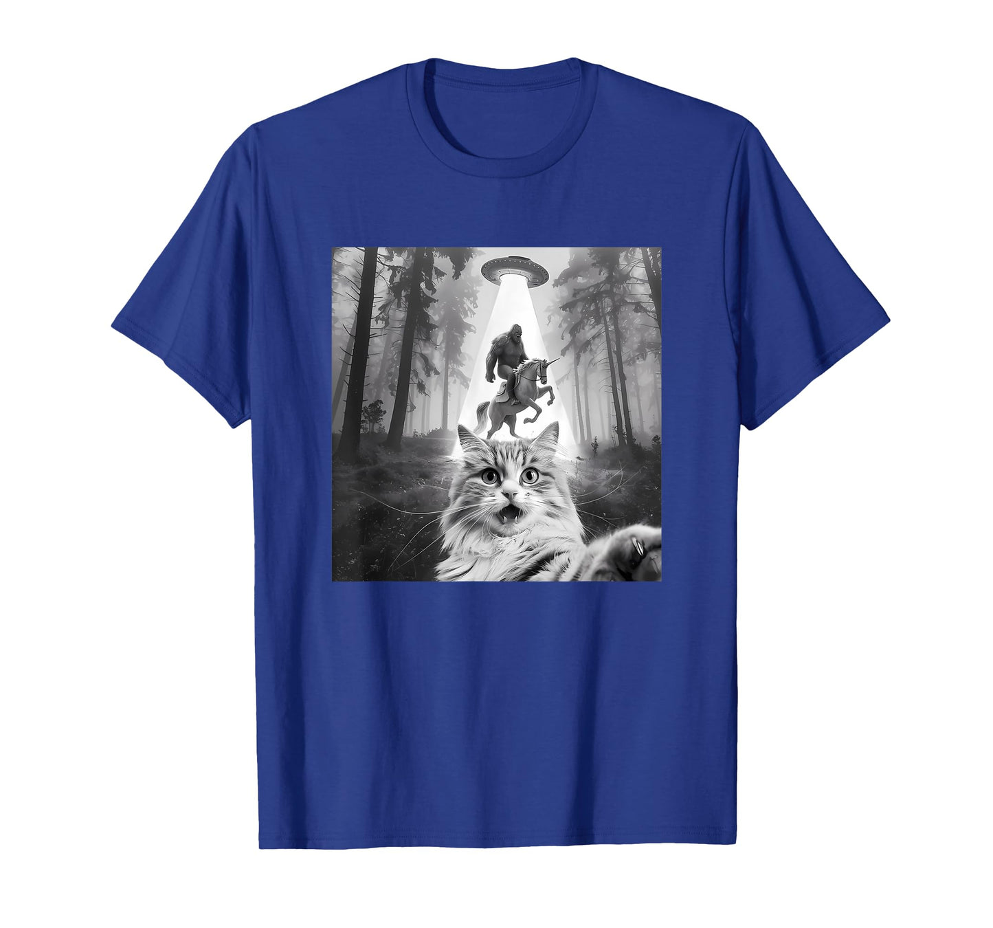 Funny UFO Cat Selfie with Bigfoot Forest Unicorn Sasquatch T-Shirt