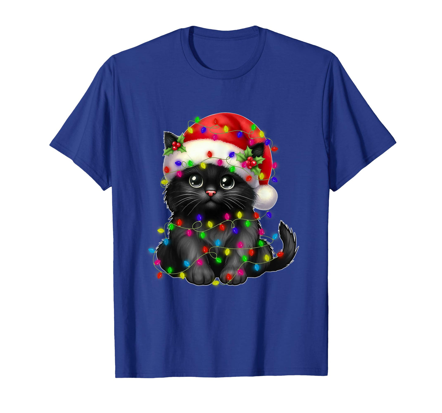 Black Cat Christmas Light Santa Hat Xmas Christmas Cat Lover Men Women Kids T-Shirt
