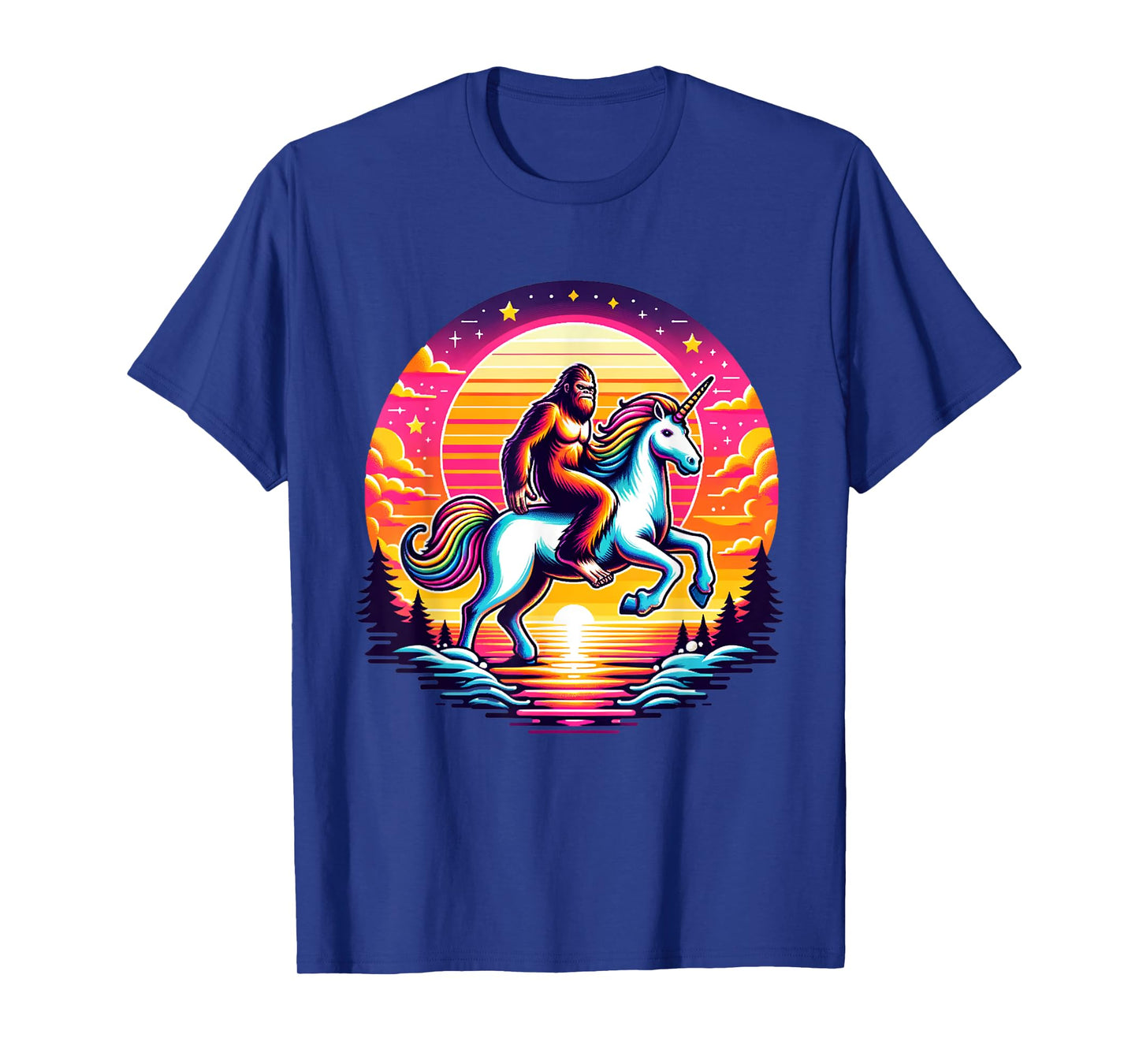 Bigfoot Riding Unicorn! Funny Sasquatch Unicorn Retro Sunset T-Shirt