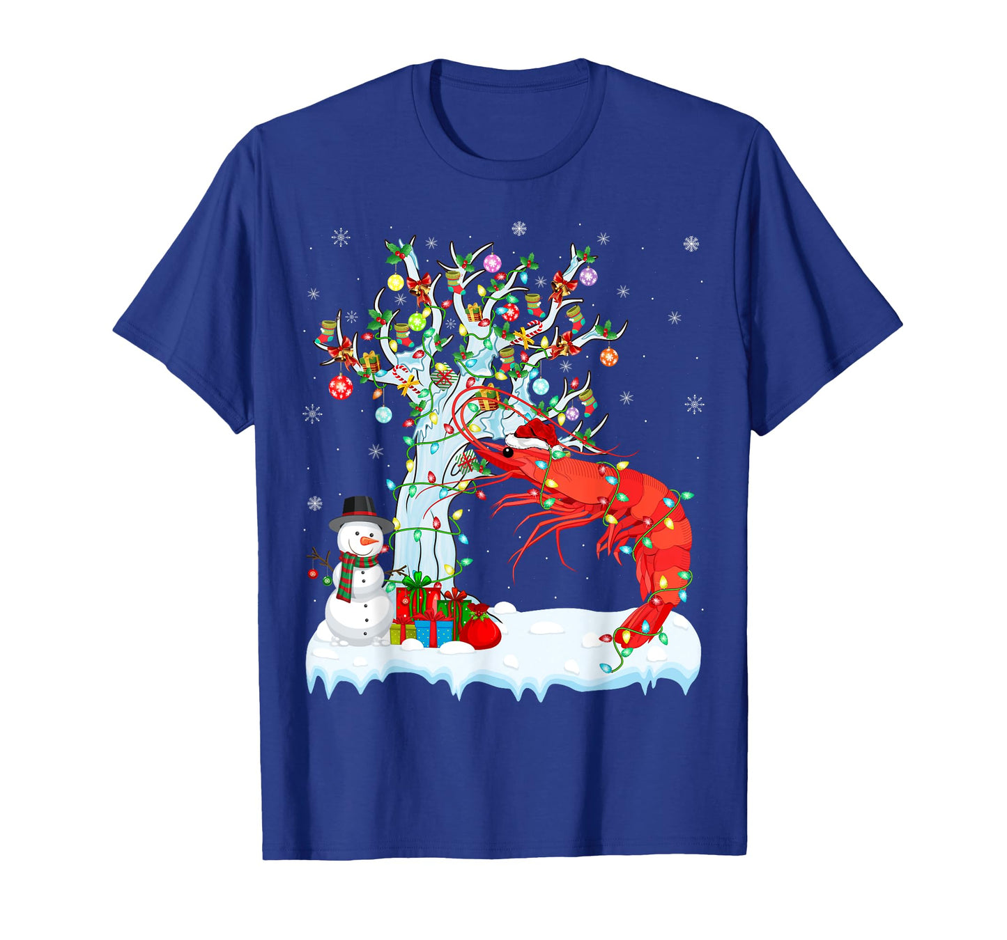 Shrimp Fish Xmas Lighting Tree Santa Hat Shrimp Christmas T-Shirt