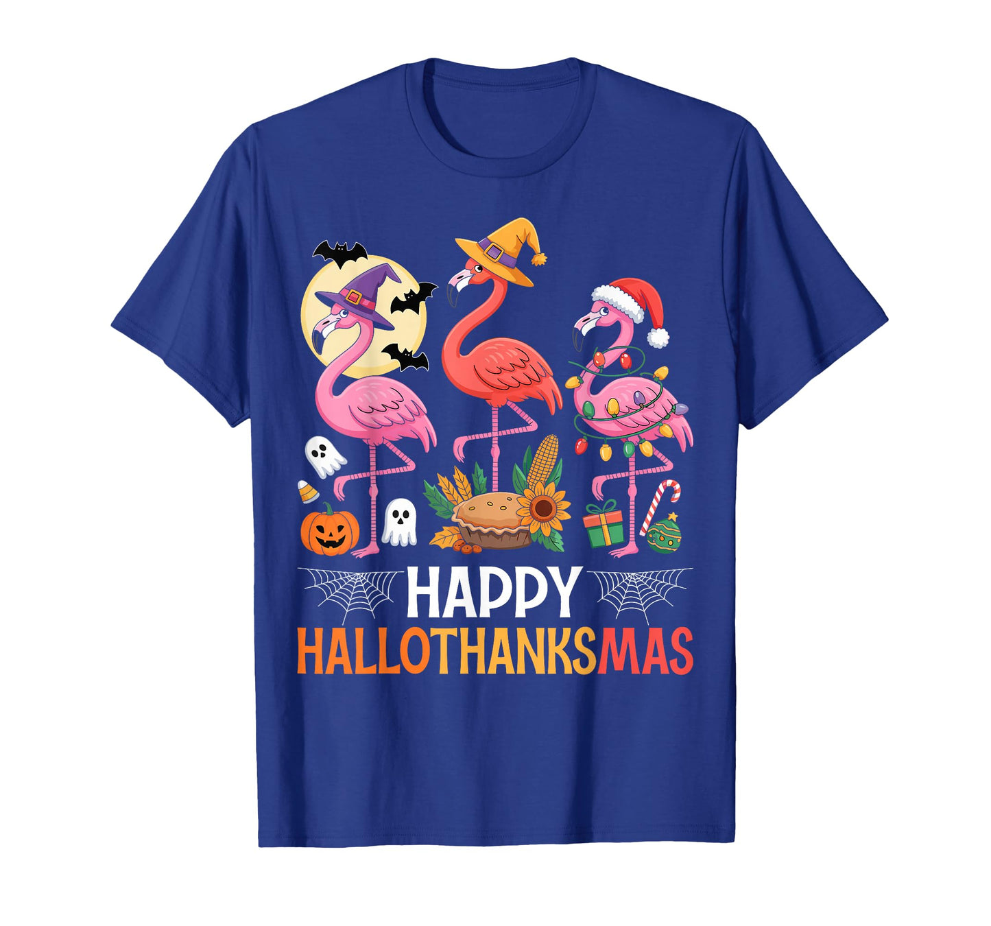 Happy Hallothanksmas Xmas Halloween Thanksgiving Flamingo T-Shirt