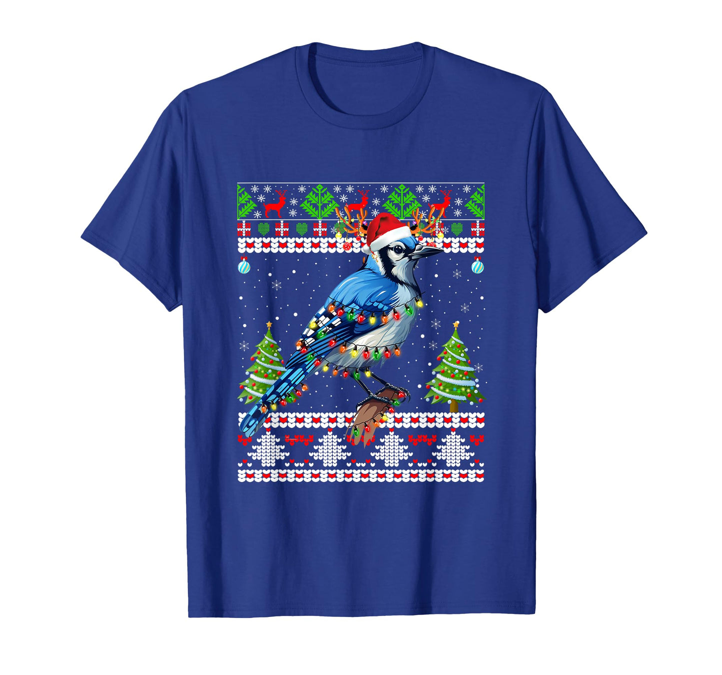 Xmas Lights Ugly Sweater Style Santa Blue Jay Bird Christmas T-Shirt